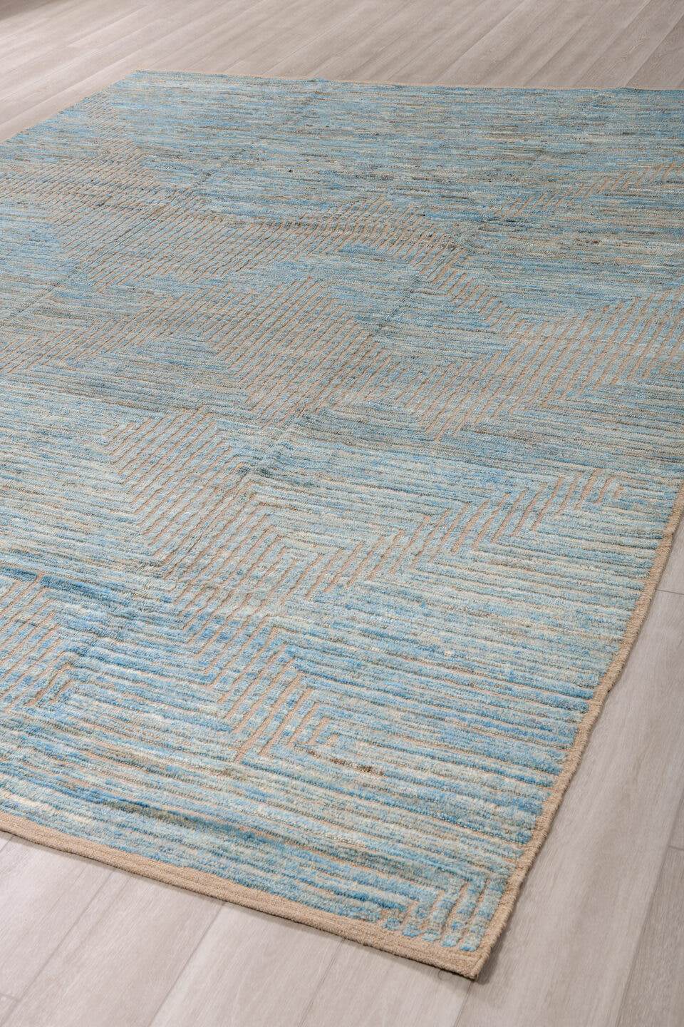 9' x 12' one-of-a-kind handmade vintage Tulu large size rug. Color palette: sky blue, ivory, taupe, beige, gray, light blue