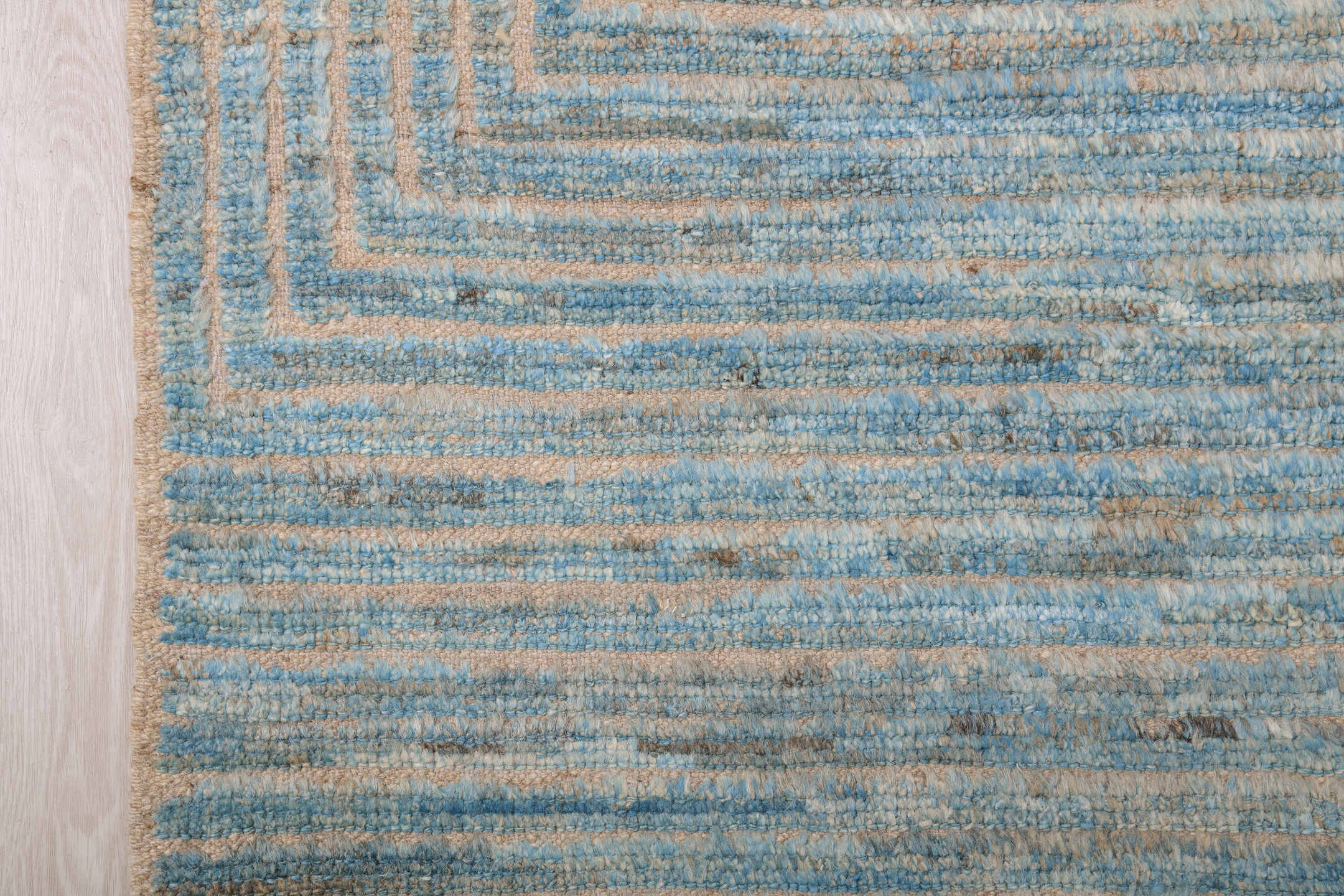9' x 12' one-of-a-kind handmade vintage Tulu large size rug. Color palette: sky blue, ivory, taupe, beige, gray, light blue