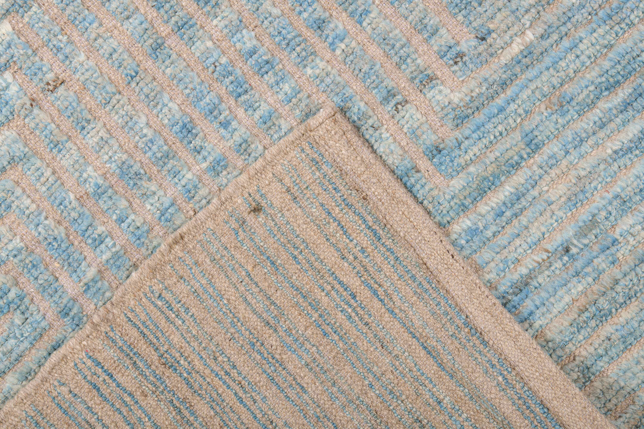 9' x 12' one-of-a-kind handmade vintage Tulu large size rug. Color palette: sky blue, ivory, taupe, beige, gray, light blue