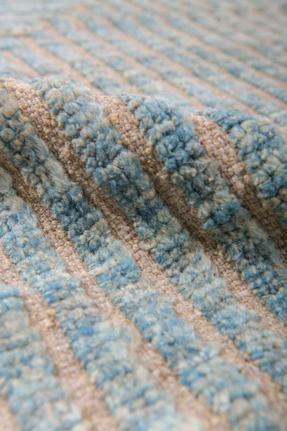 9' x 12' one-of-a-kind handmade vintage Tulu large size rug. Color palette: sky blue, ivory, taupe, beige, gray, light blue