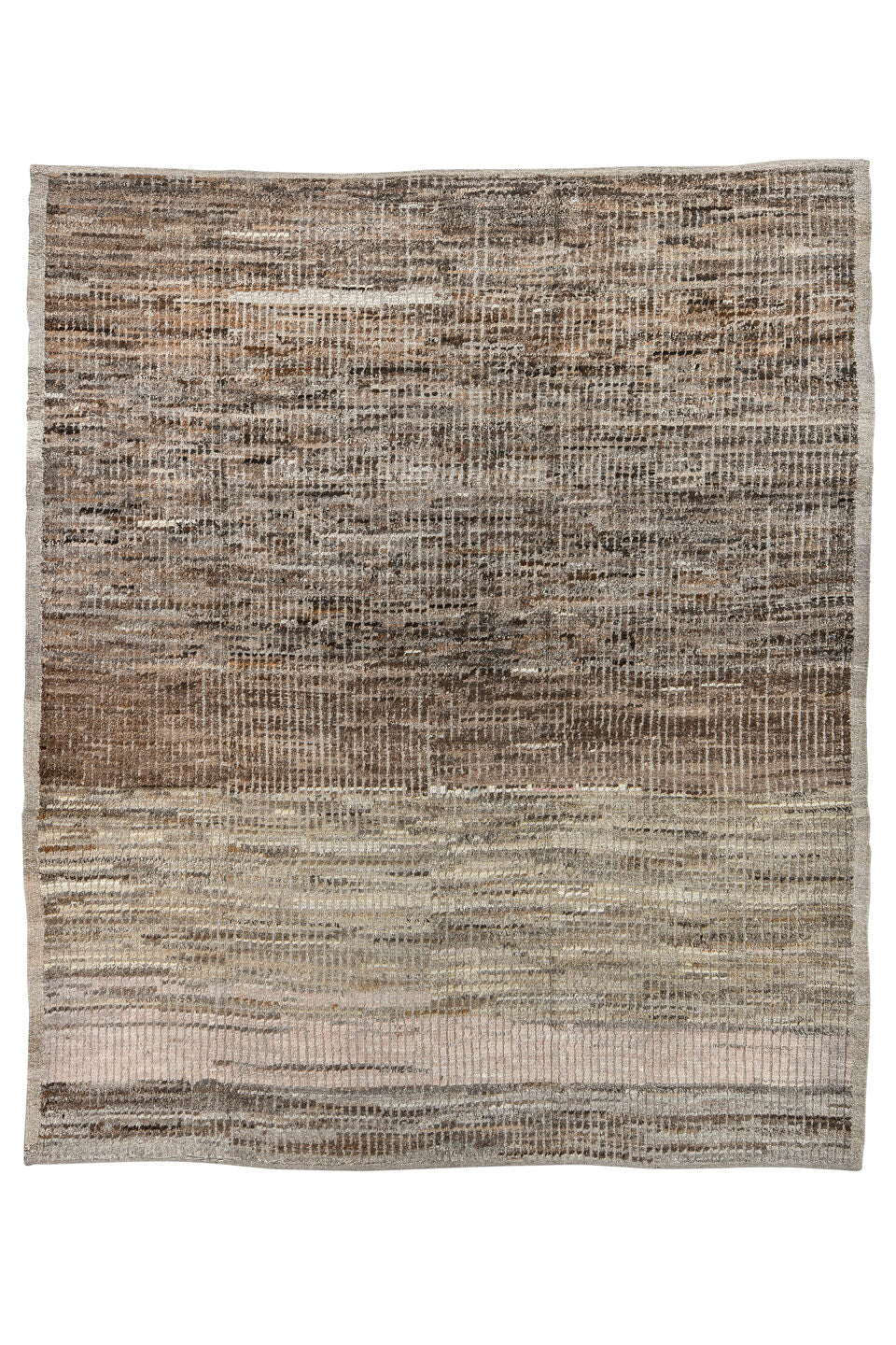 8' x 9' one-of-a-kind handmade vintage Tulu rug. Color palette: black, brown, dark gray, gray, light gray, off-white, silver