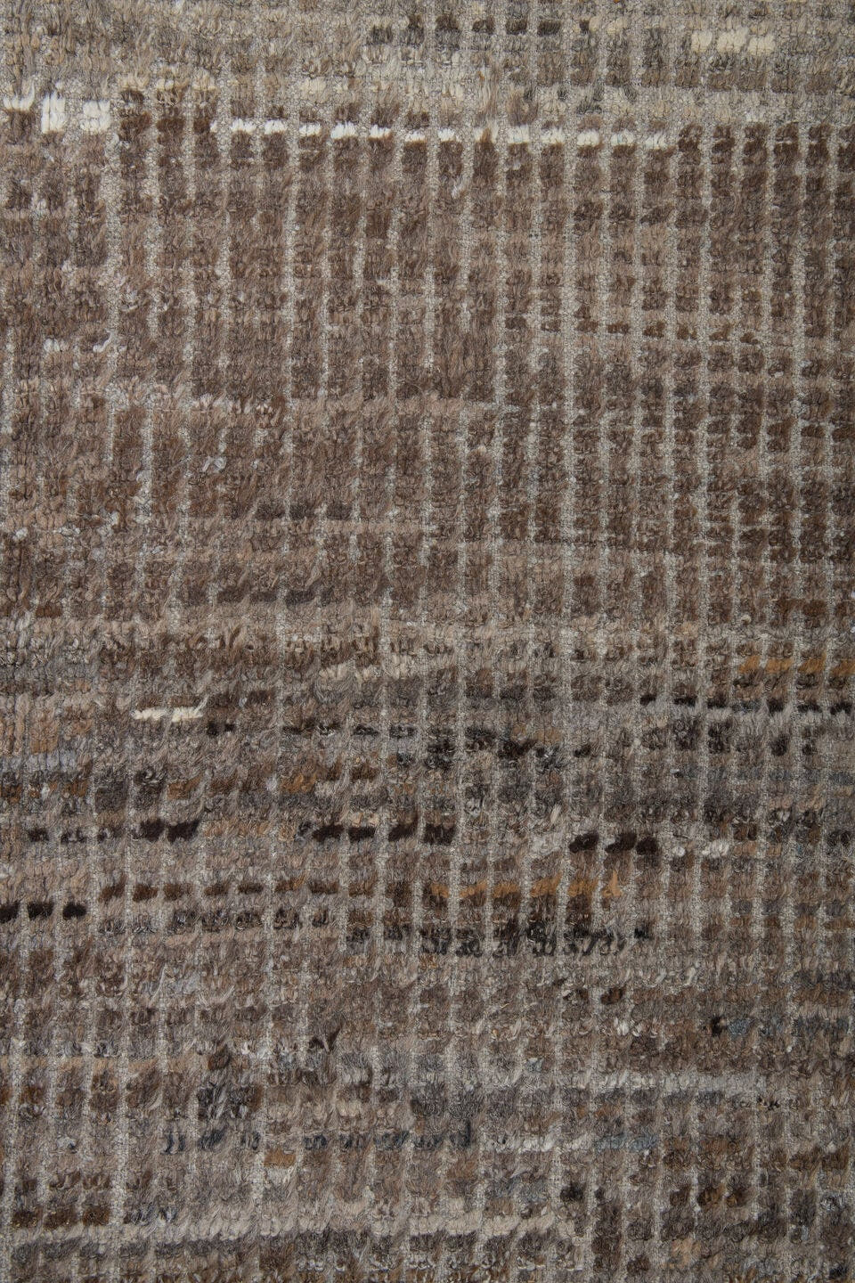 8' x 9' one-of-a-kind handmade vintage Tulu rug. Color palette: taupe, brown, ivory, gray, camel, charcoal, beige, black