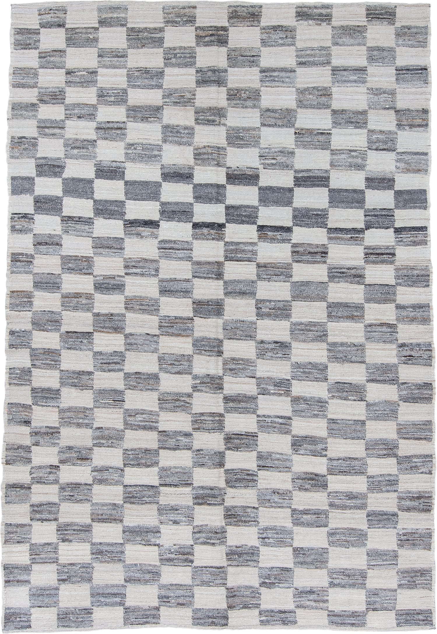 6' x 9' one-of-a-kind handmade vintage Tulu medium size rug. Color palette: ivory, slate, gray, charcoal, taupe, black