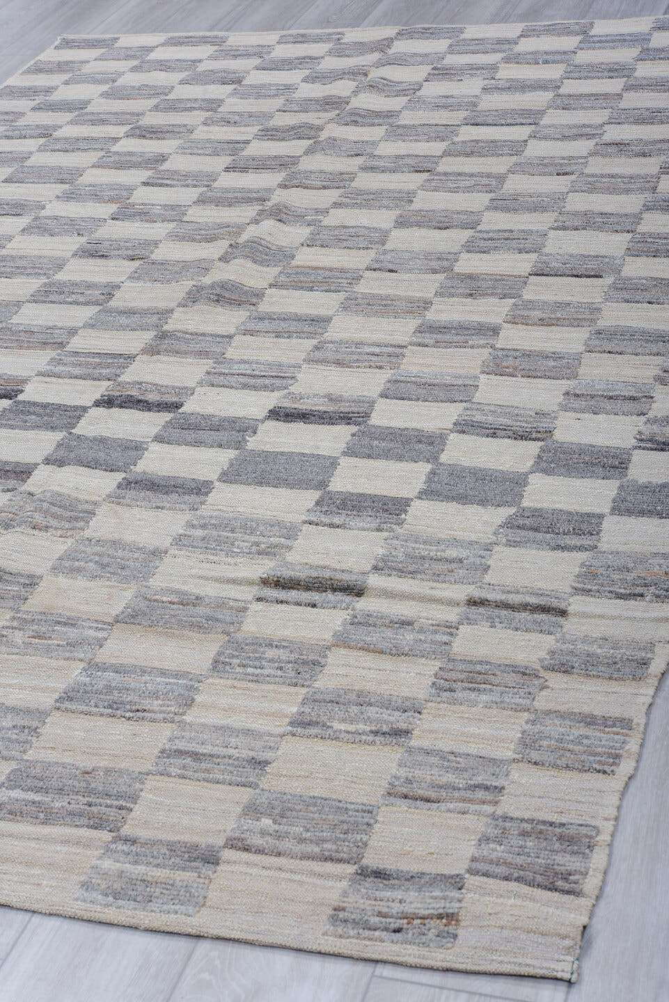 6' x 9' one-of-a-kind handmade vintage Tulu medium size rug. Color palette: ivory, slate, gray, charcoal, taupe, black