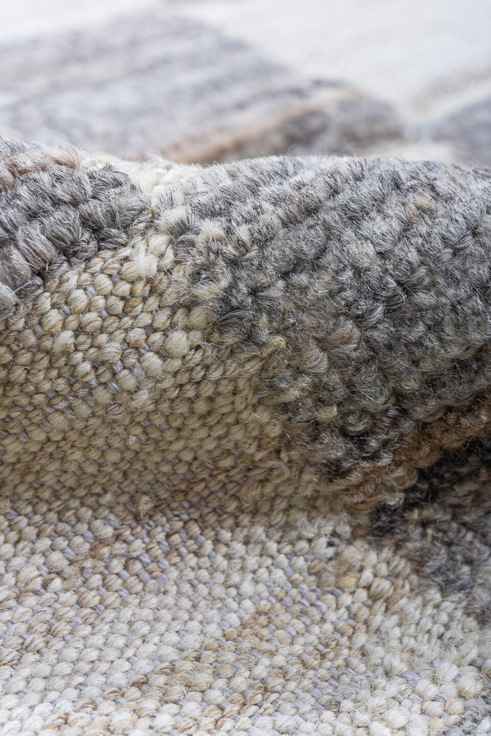 6' x 9' one-of-a-kind handmade vintage Tulu medium size rug. Color palette: ivory, slate, gray, charcoal, taupe, black