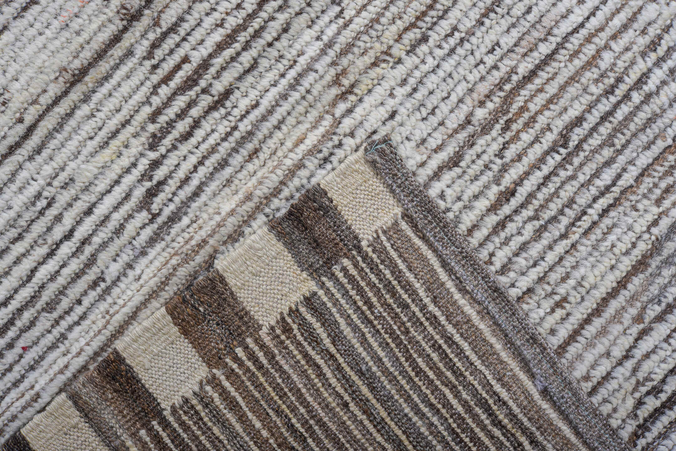 10' x 14' one-of-a-kind handmade vintage Tulu large size rug. Color palette: ivory, taupe, brown, gray, beige