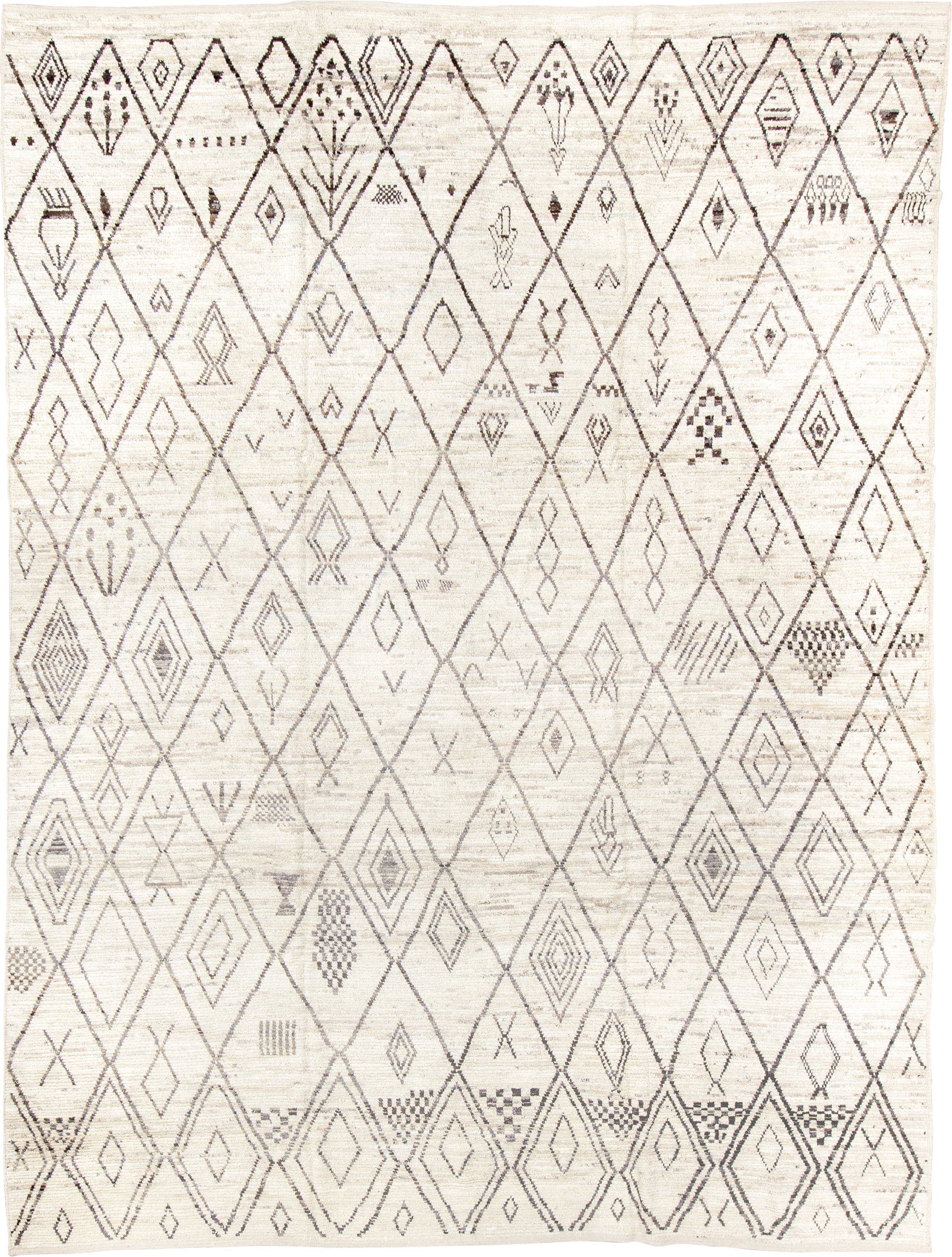 10' x 13' one-of-a-kind handmade vintage Tulu large size rug. Color palette: ivory, taupe, charcoal, cream, beige, gray
