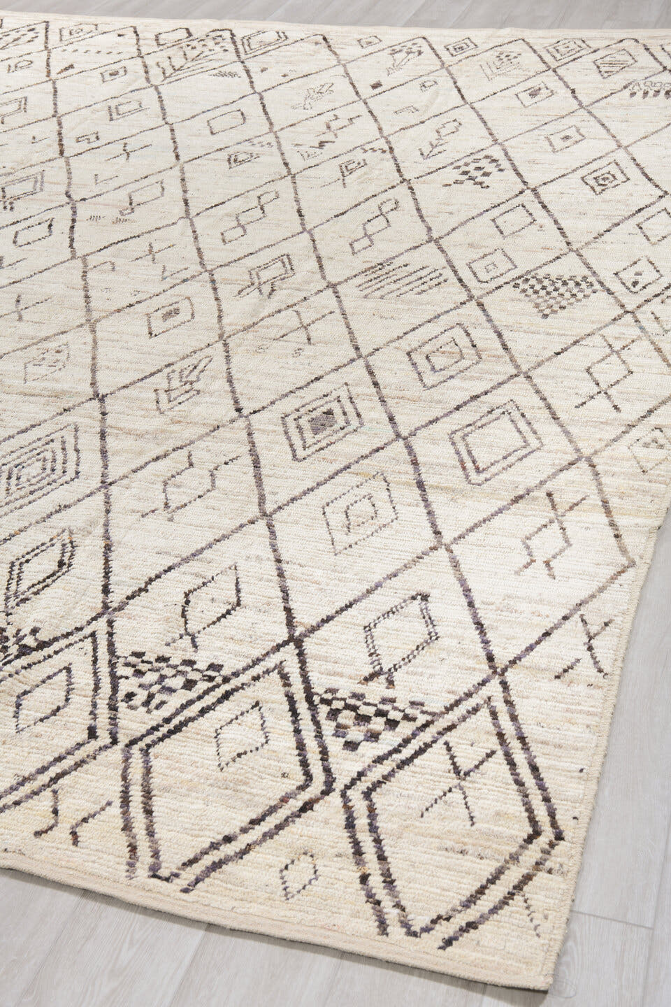 10' x 13' one-of-a-kind handmade vintage Tulu large size rug. Color palette: ivory, taupe, charcoal, cream, beige, gray