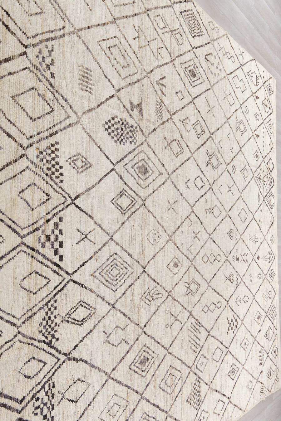 10' x 13' one-of-a-kind handmade vintage Tulu large size rug. Color palette: ivory, taupe, charcoal, cream, beige, gray