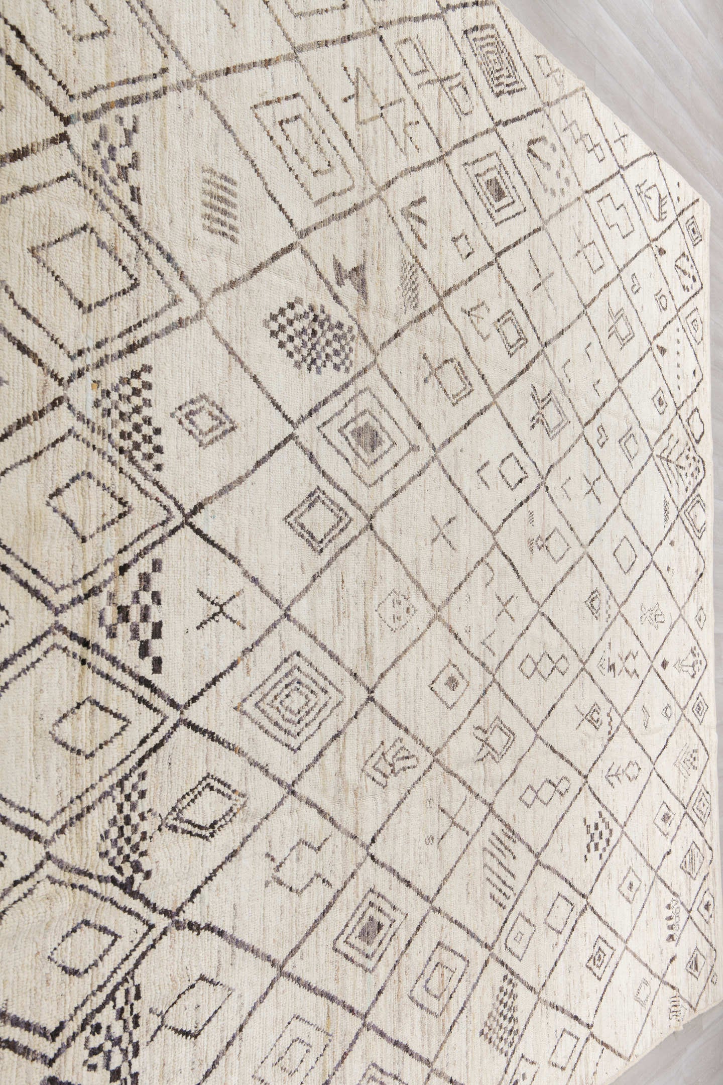 10' x 13' one-of-a-kind handmade vintage Tulu large size rug. Color palette: ivory, taupe, charcoal, cream, beige, gray