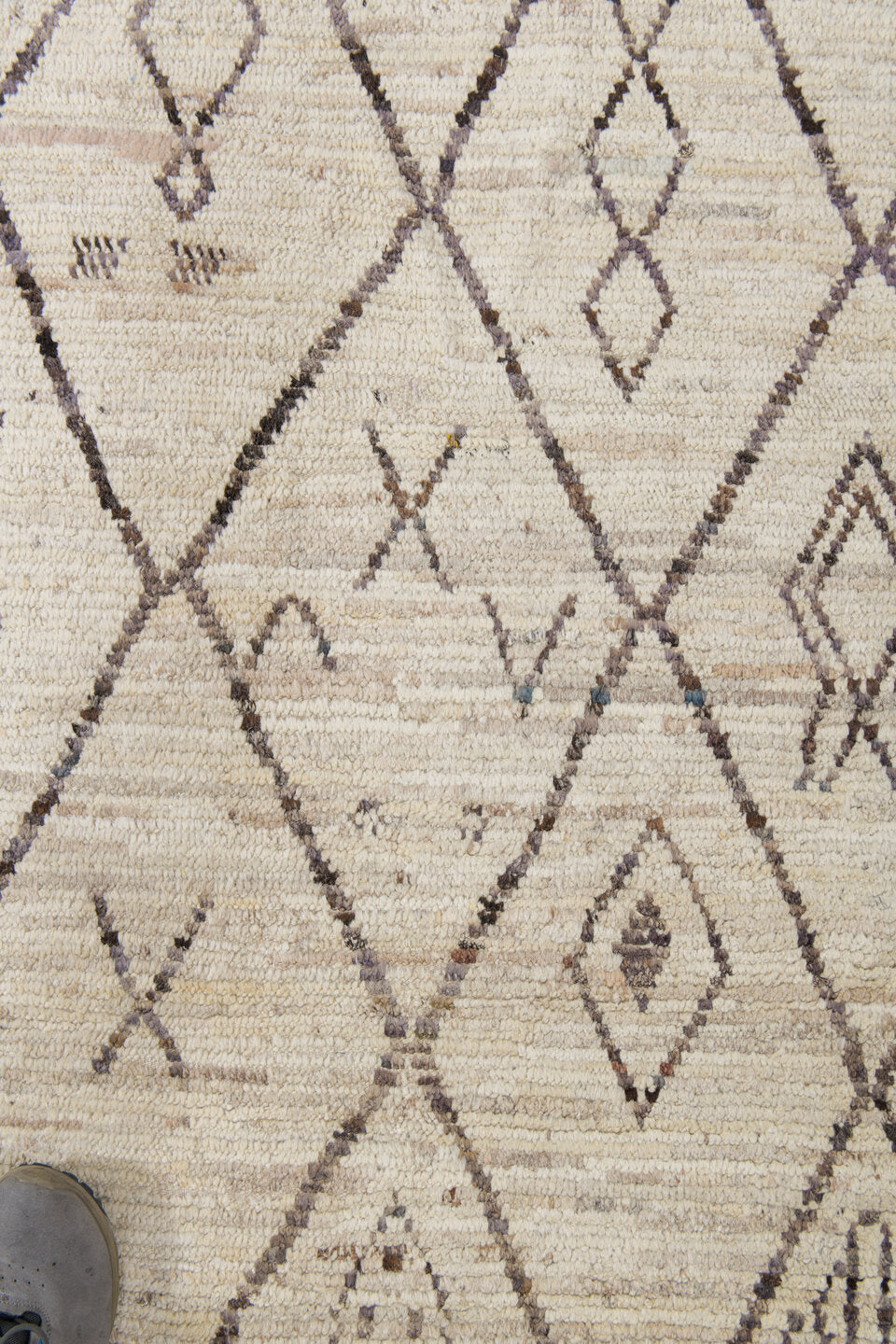 10' x 13' one-of-a-kind handmade vintage Tulu large size rug. Color palette: ivory, taupe, charcoal, cream, beige, gray