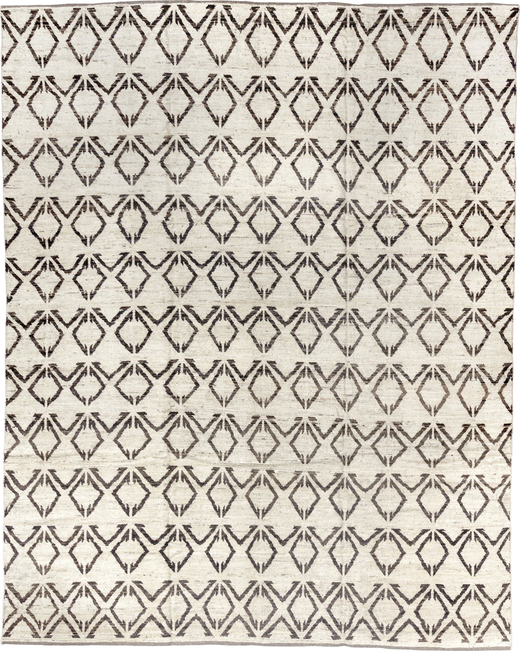 9' x 11' one-of-a-kind handmade vintage Tulu large size rug. Color palette: ivory, charcoal, taupe, cream, gray, black