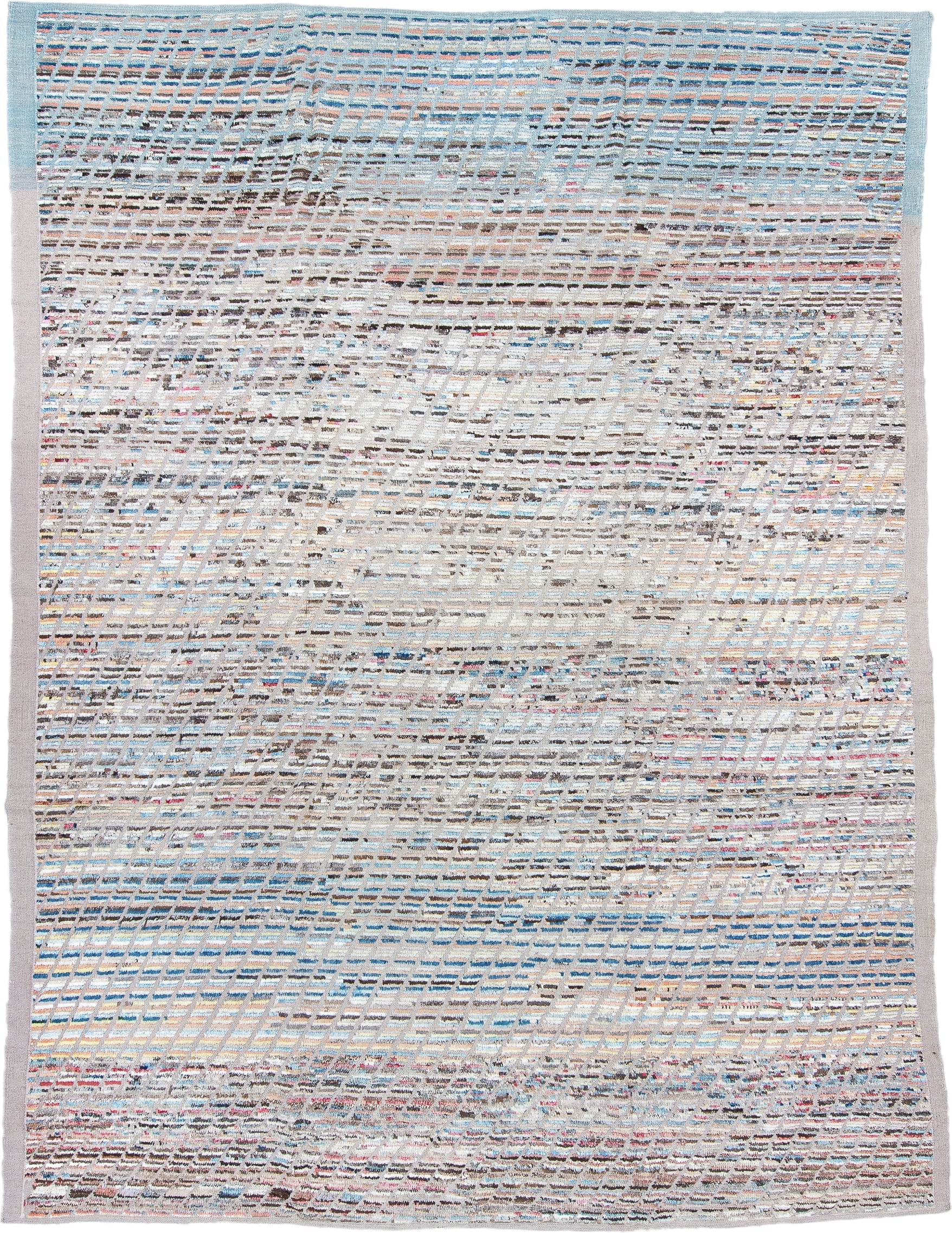9' x 11' one-of-a-kind handmade vintage Tulu large size rug. Color palette: ivory, sky blue, taupe, charcoal, rose, coral