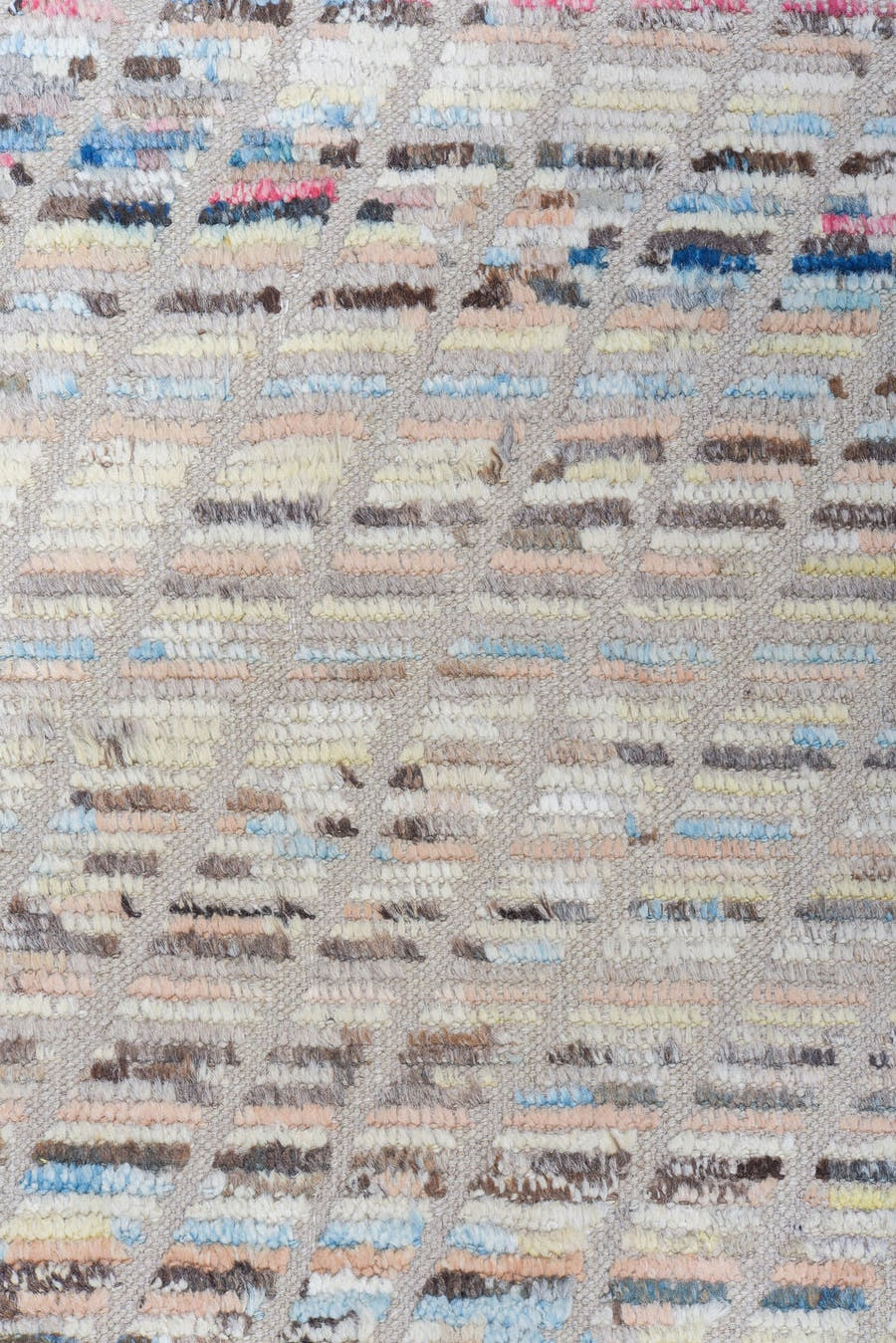 9' x 11' one-of-a-kind handmade vintage Tulu large size rug. Color palette: ivory, sky blue, taupe, charcoal, rose, coral