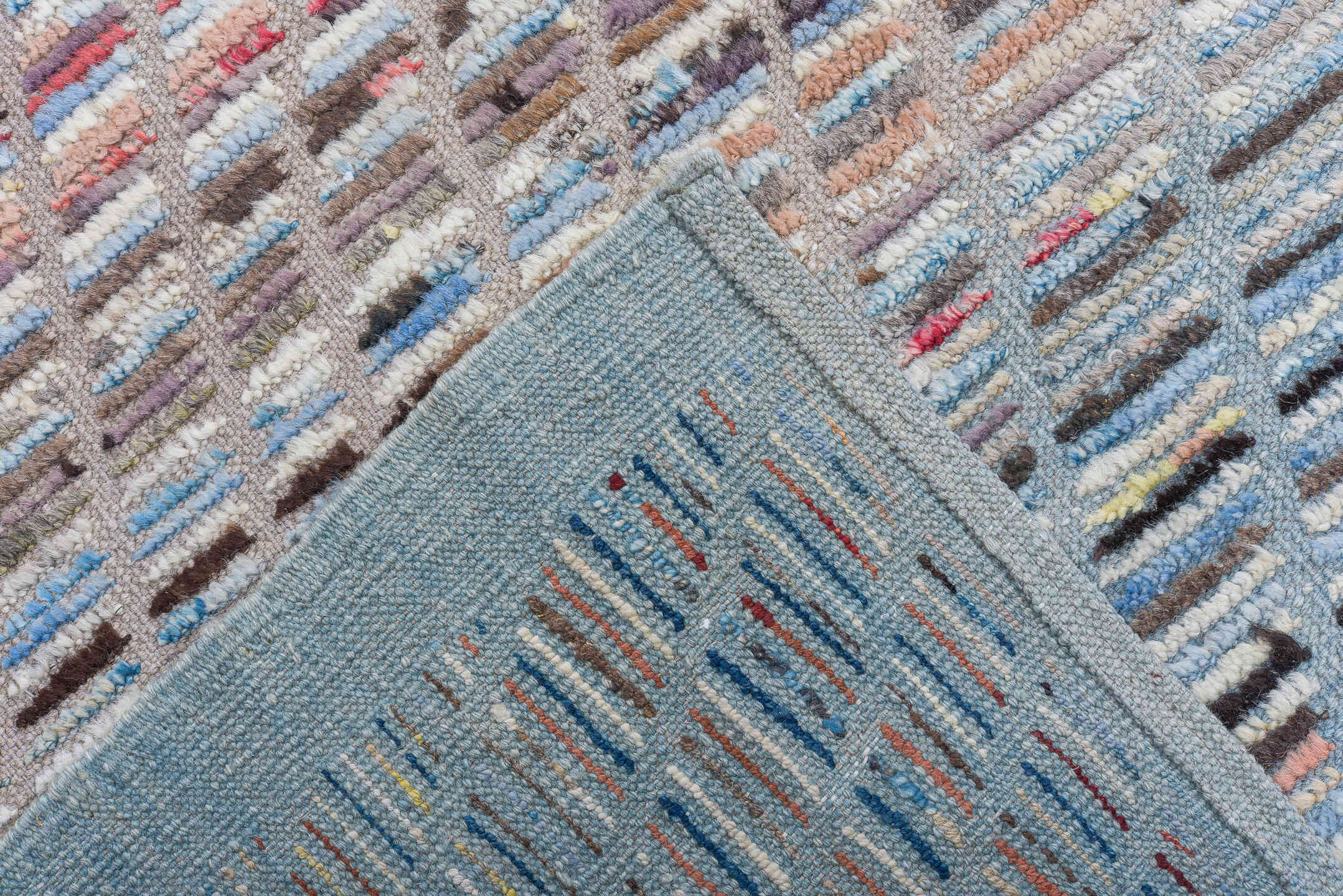 9' x 11' one-of-a-kind handmade vintage Tulu large size rug. Color palette: ivory, sky blue, taupe, charcoal, rose, coral