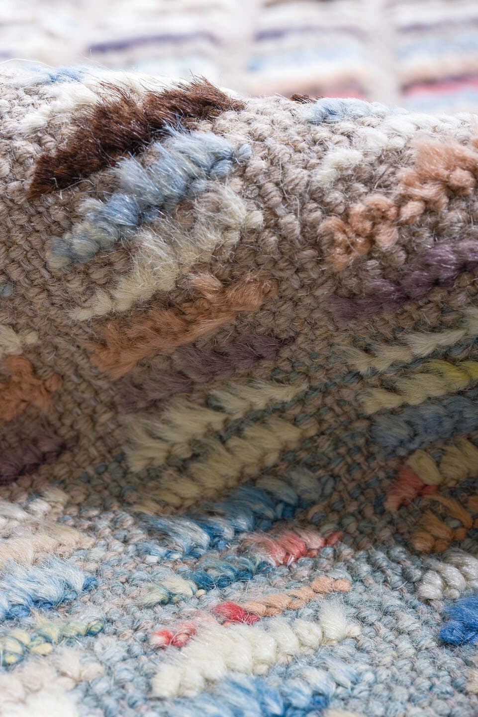 9' x 11' one-of-a-kind handmade vintage Tulu large size rug. Color palette: ivory, sky blue, taupe, charcoal, rose, coral