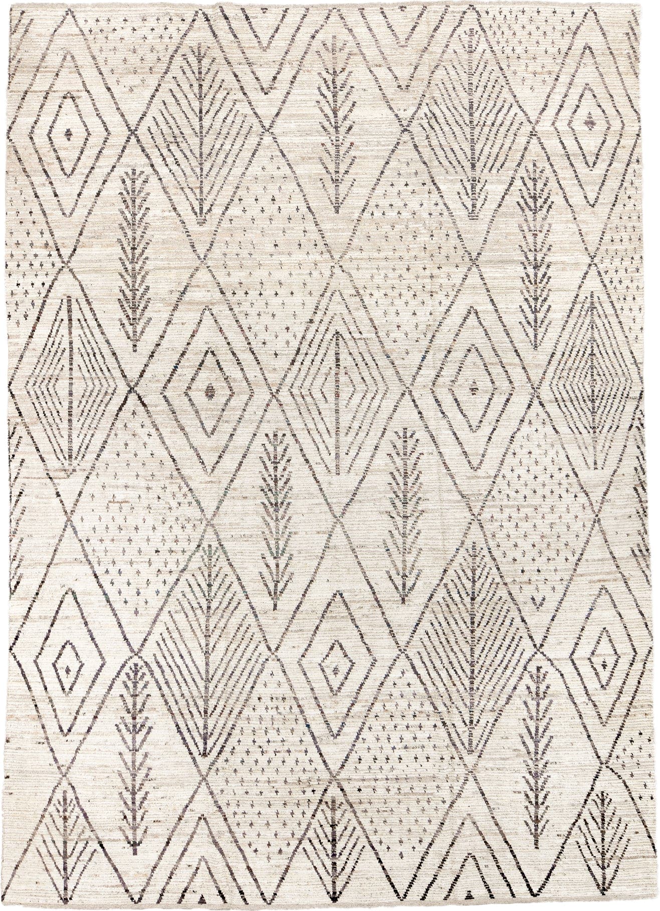 9' x 14' one-of-a-kind handmade vintage Tulu large size rug. Color palette: ivory, charcoal, taupe, cream, gray, black