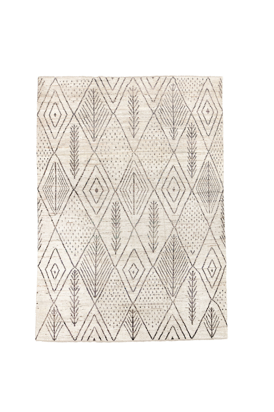 9' x 14' one-of-a-kind handmade vintage Tulu large size rug. Color palette: gray, light gray, linen, off-white, pink, silver