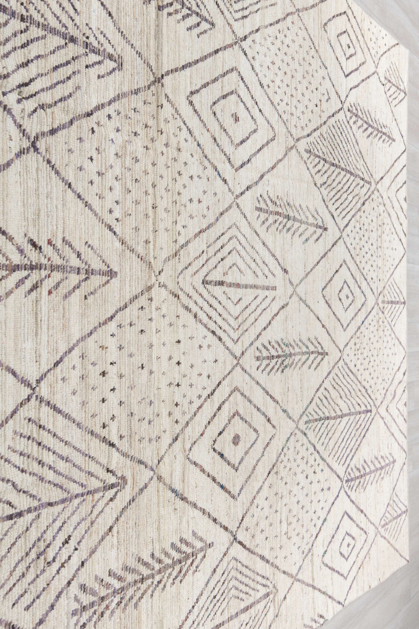 9' x 14' one-of-a-kind handmade vintage Tulu large size rug. Color palette: ivory, charcoal, taupe, cream, gray, black