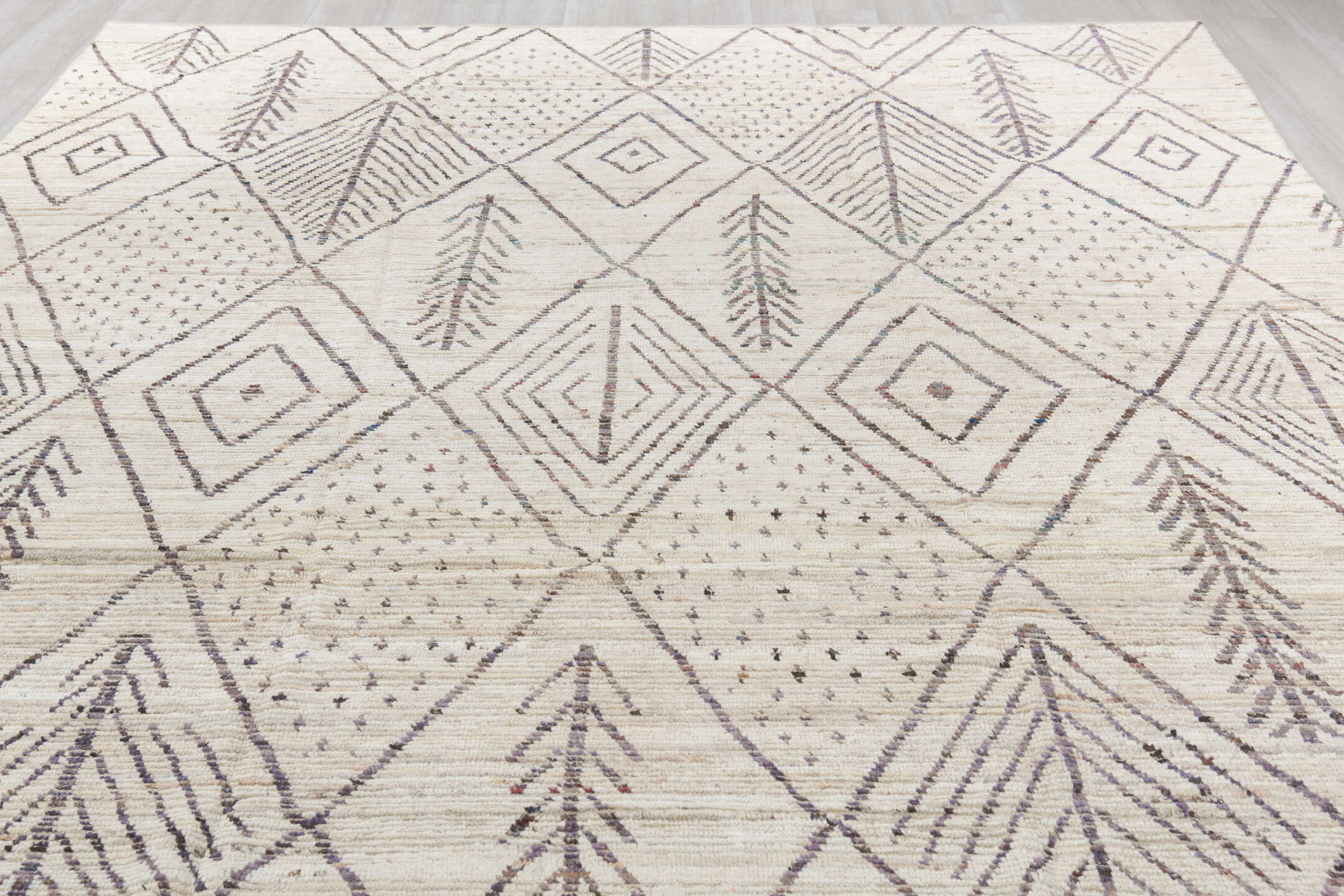 9' x 14' one-of-a-kind handmade vintage Tulu large size rug. Color palette: gray, light gray, linen, off-white, pink, silver