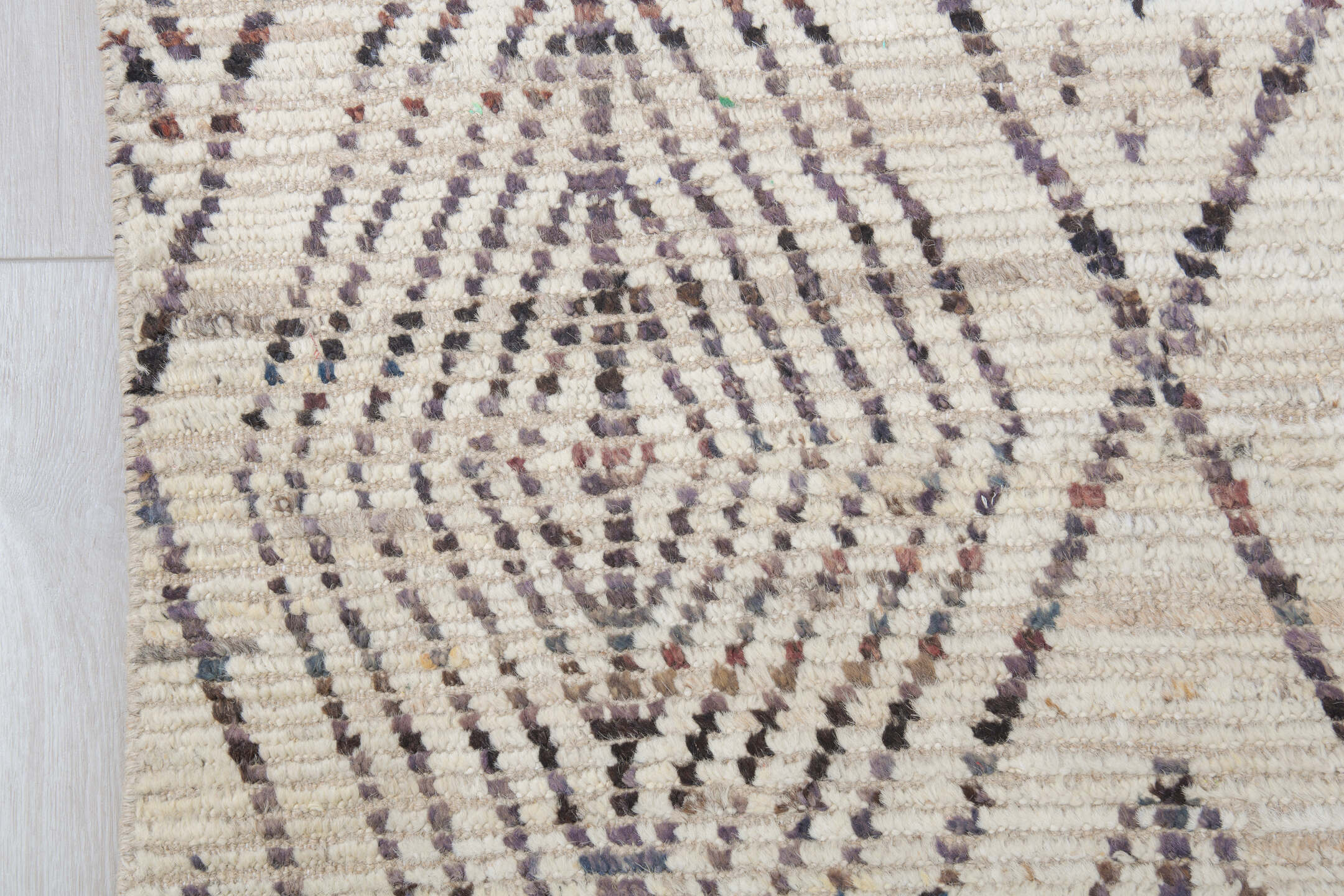 9' x 14' one-of-a-kind handmade vintage Tulu large size rug. Color palette: ivory, charcoal, taupe, cream, gray, black