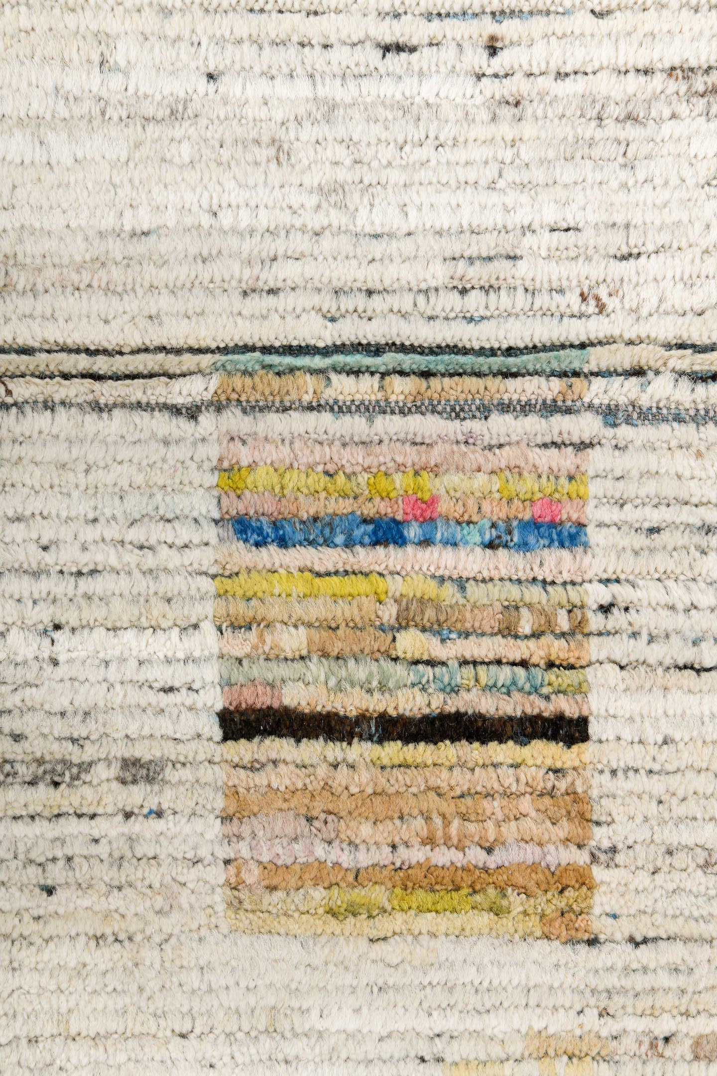 10' x 13' one-of-a-kind handmade vintage Tulu large size rug. Color palette: ivory, charcoal, cobalt, pale yellow, taupe
