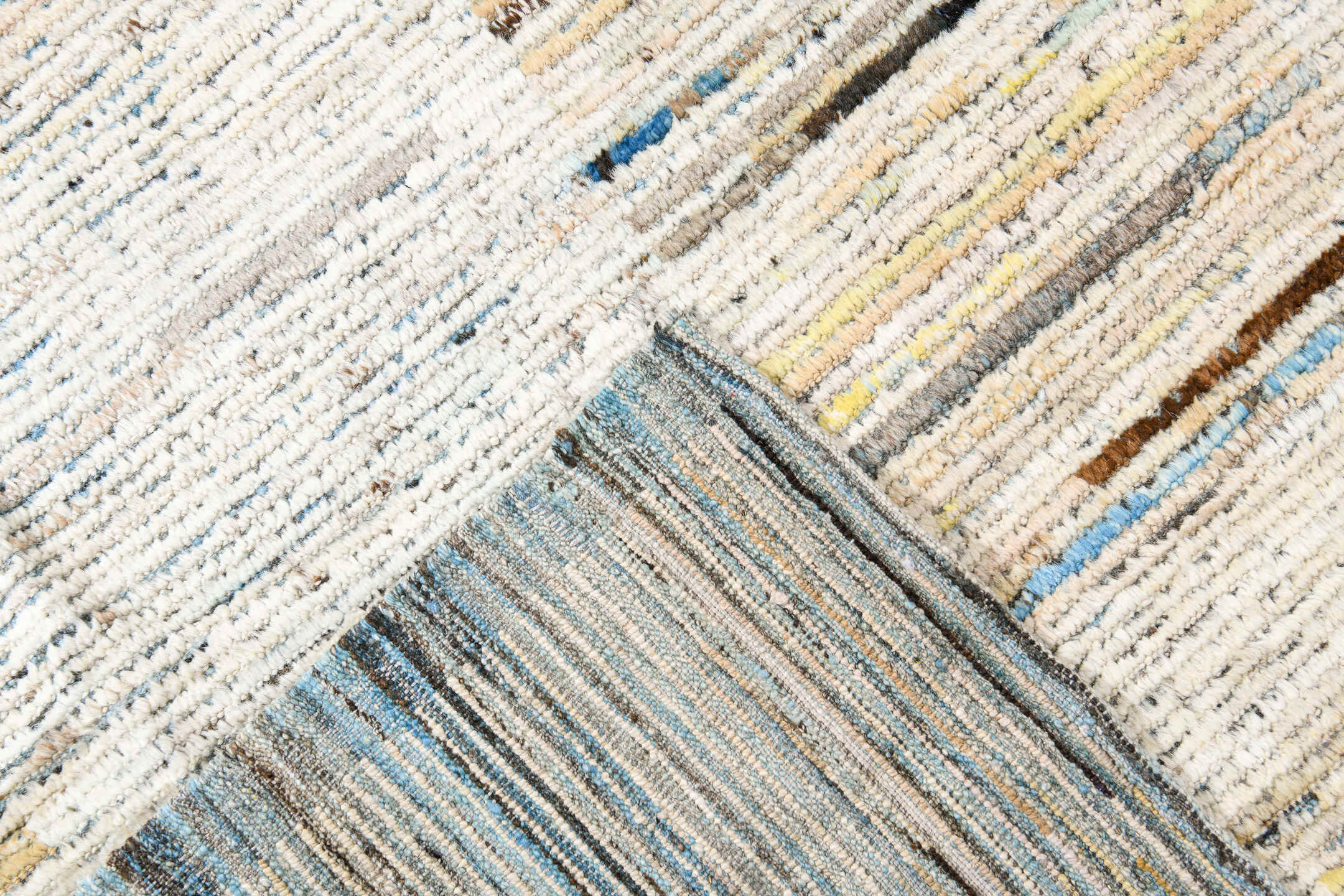 10' x 13' one-of-a-kind handmade vintage Tulu large size rug. Color palette: ivory, charcoal, cobalt, pale yellow, taupe