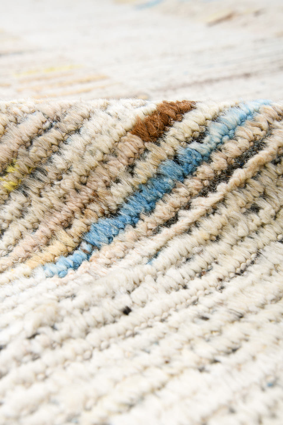 10' x 13' one-of-a-kind handmade vintage Tulu large size rug. Color palette: ivory, charcoal, cobalt, pale yellow, taupe