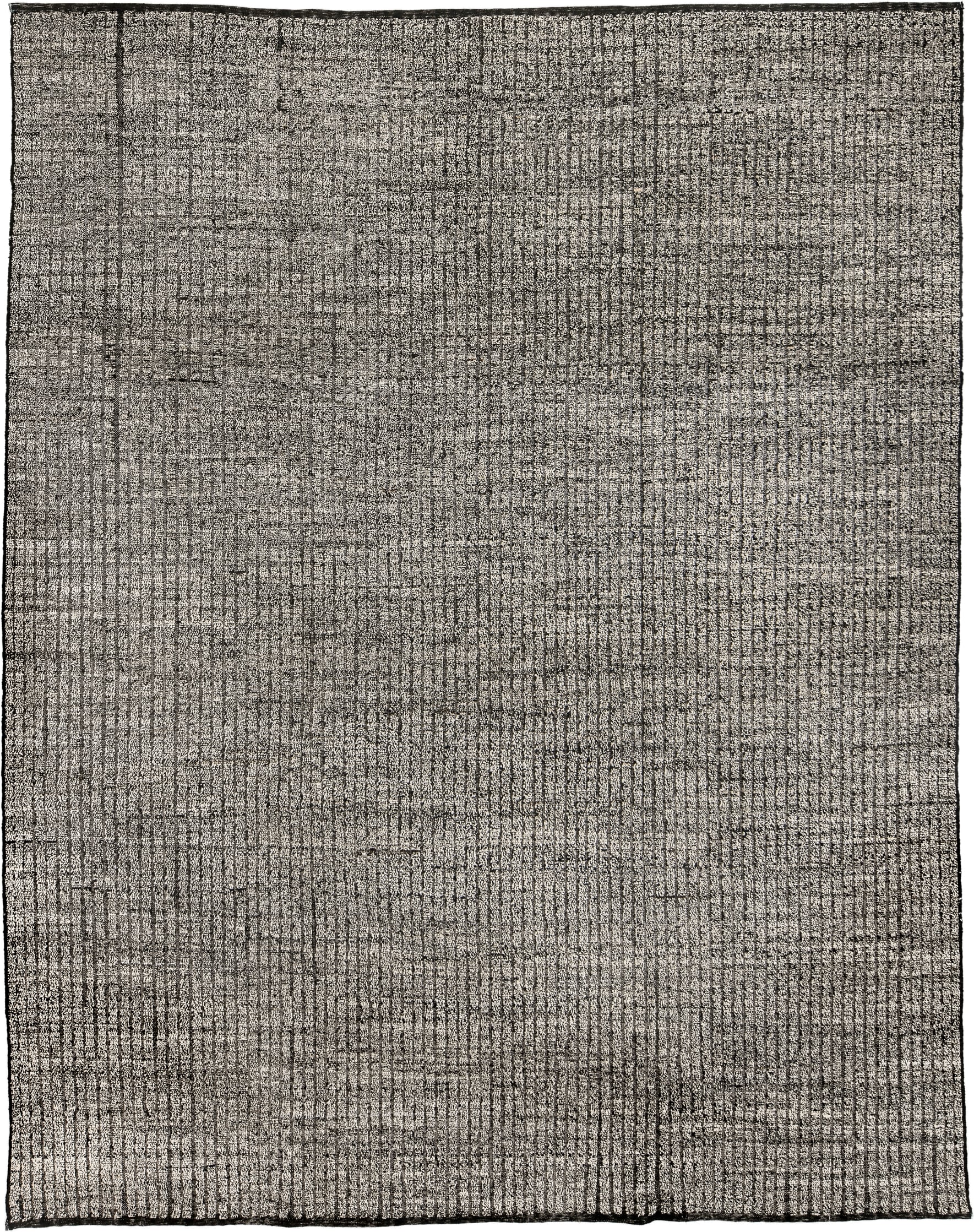9' x 11' one-of-a-kind handmade vintage Tulu large size rug. Color palette: ivory, charcoal, taupe, slate, cream, black