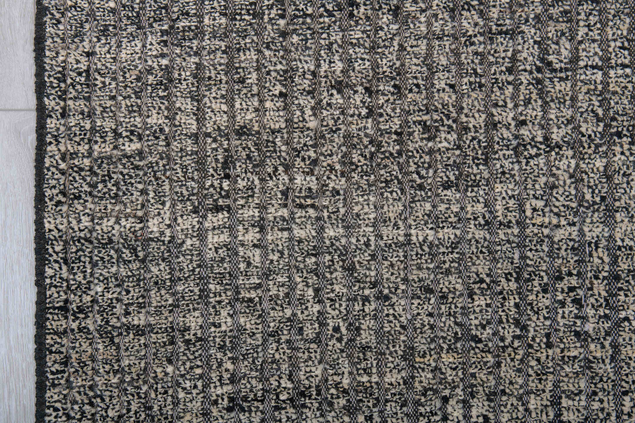 9' x 11' one-of-a-kind handmade vintage Tulu large size rug. Color palette: ivory, charcoal, taupe, slate, cream, black