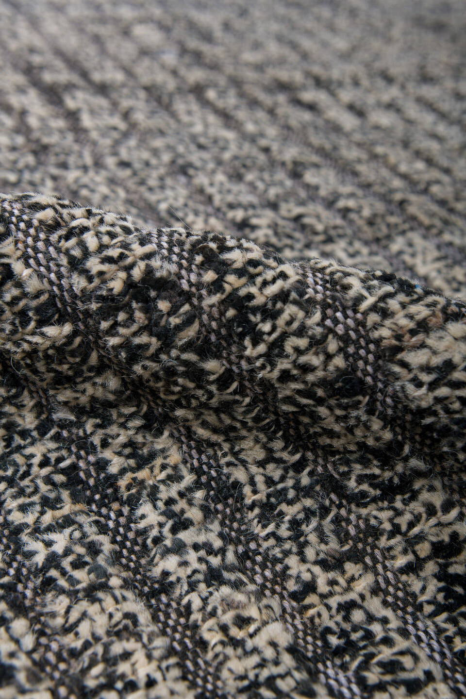 9' x 11' one-of-a-kind handmade vintage Tulu large size rug. Color palette: ivory, charcoal, taupe, slate, cream, black