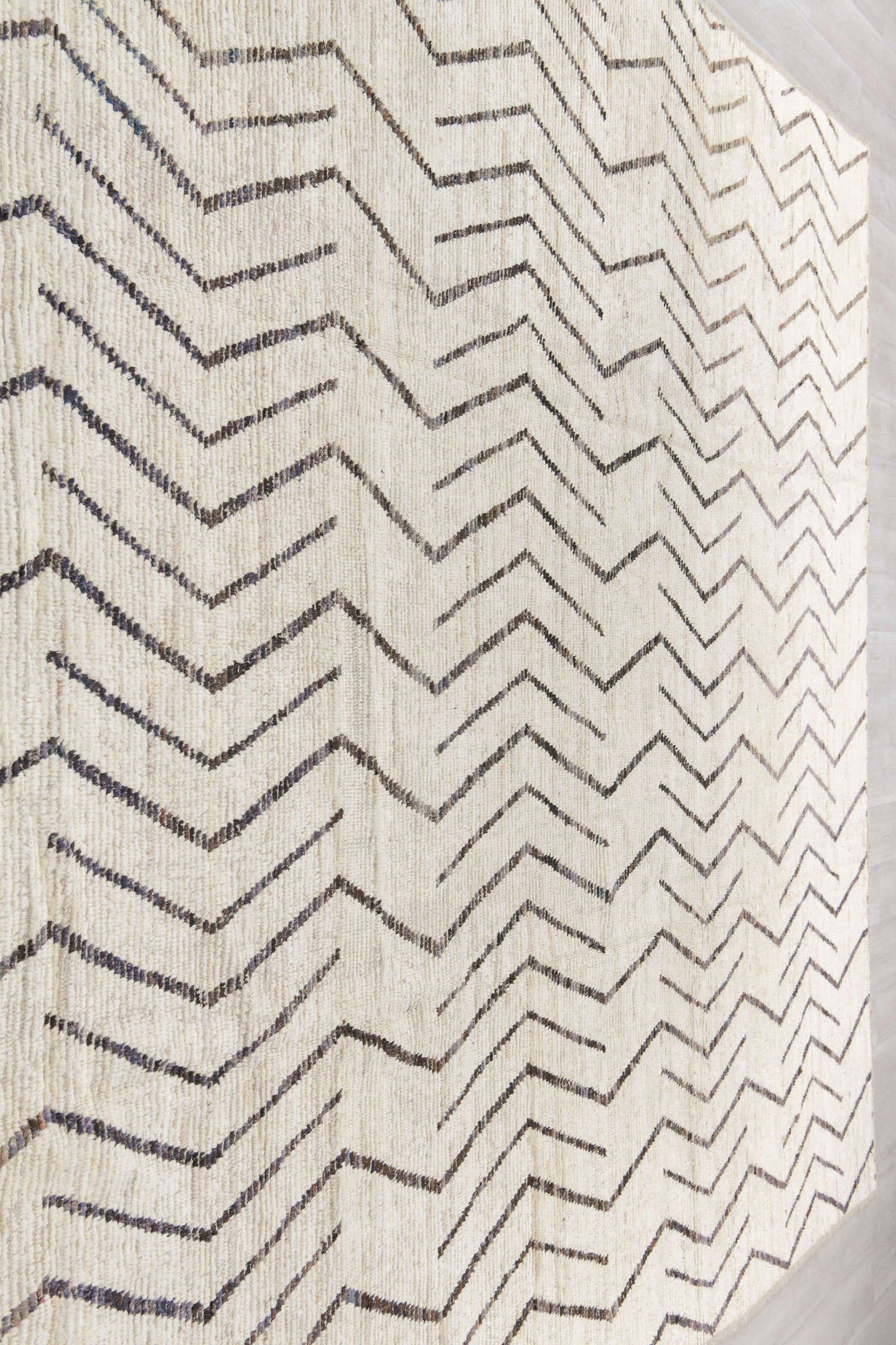 10' x 13' one-of-a-kind handmade vintage Tulu large size rug. Color palette: ivory, charcoal, cream, taupe, black, gray