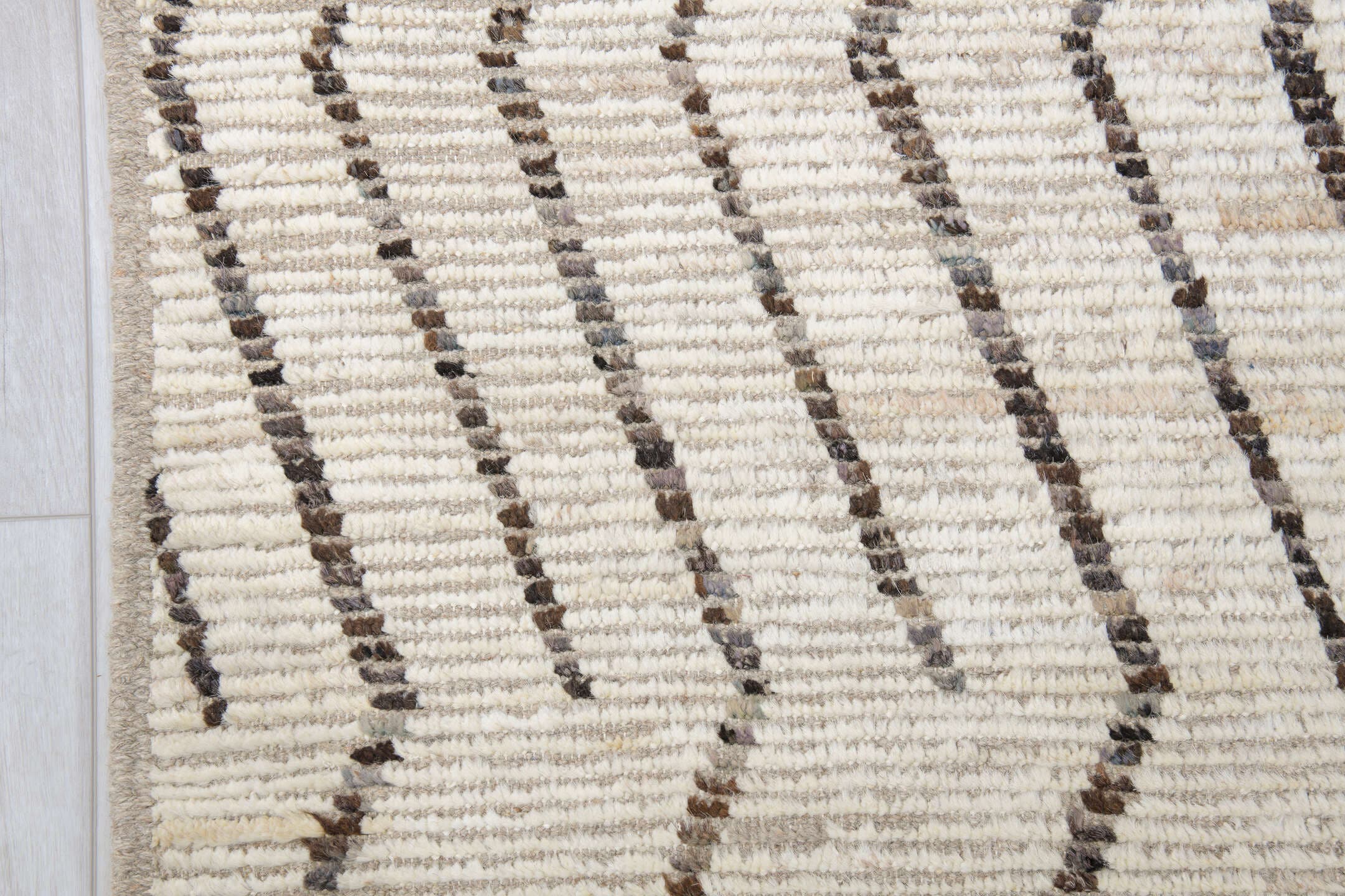10' x 13' one-of-a-kind handmade vintage Tulu large size rug. Color palette: ivory, charcoal, cream, taupe, black, gray