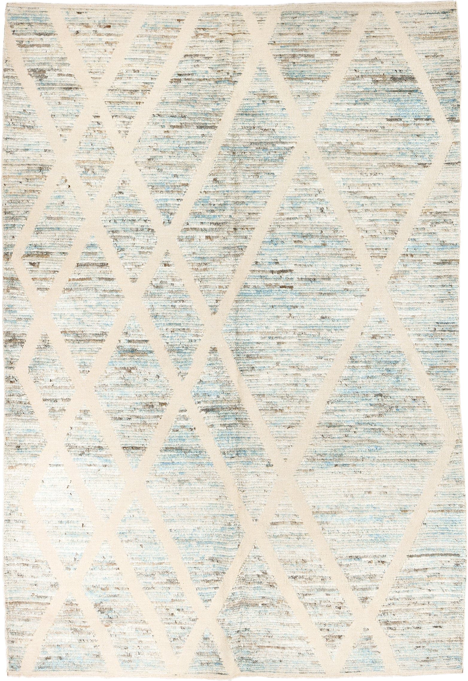 6' x 10' one-of-a-kind handmade vintage Tulu large size rug. Color palette: ivory, pale blue, taupe, gray, cream, light blue