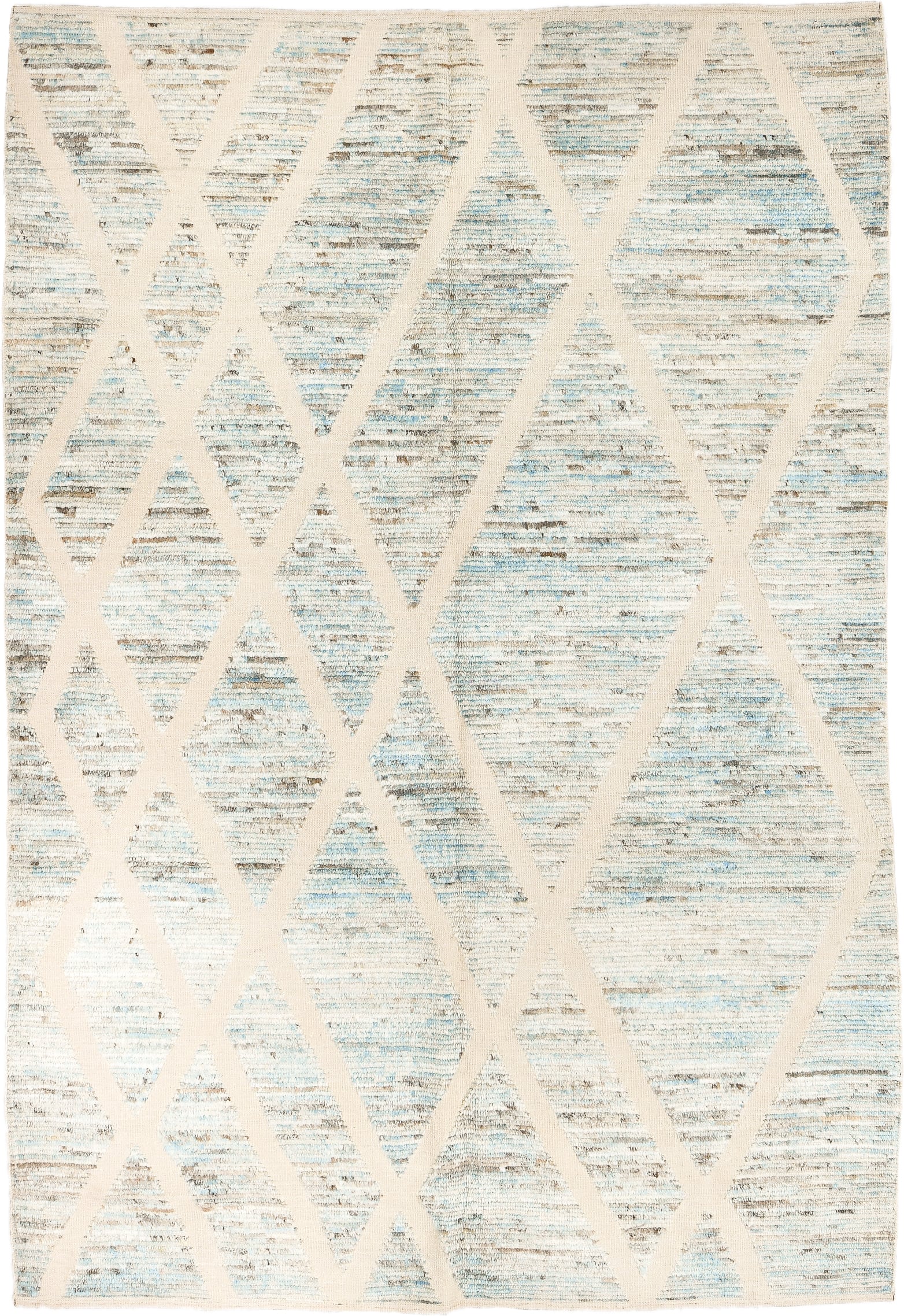 6' x 10' one-of-a-kind handmade vintage Tulu large size rug. Color palette: ivory, pale blue, taupe, gray, cream, light blue