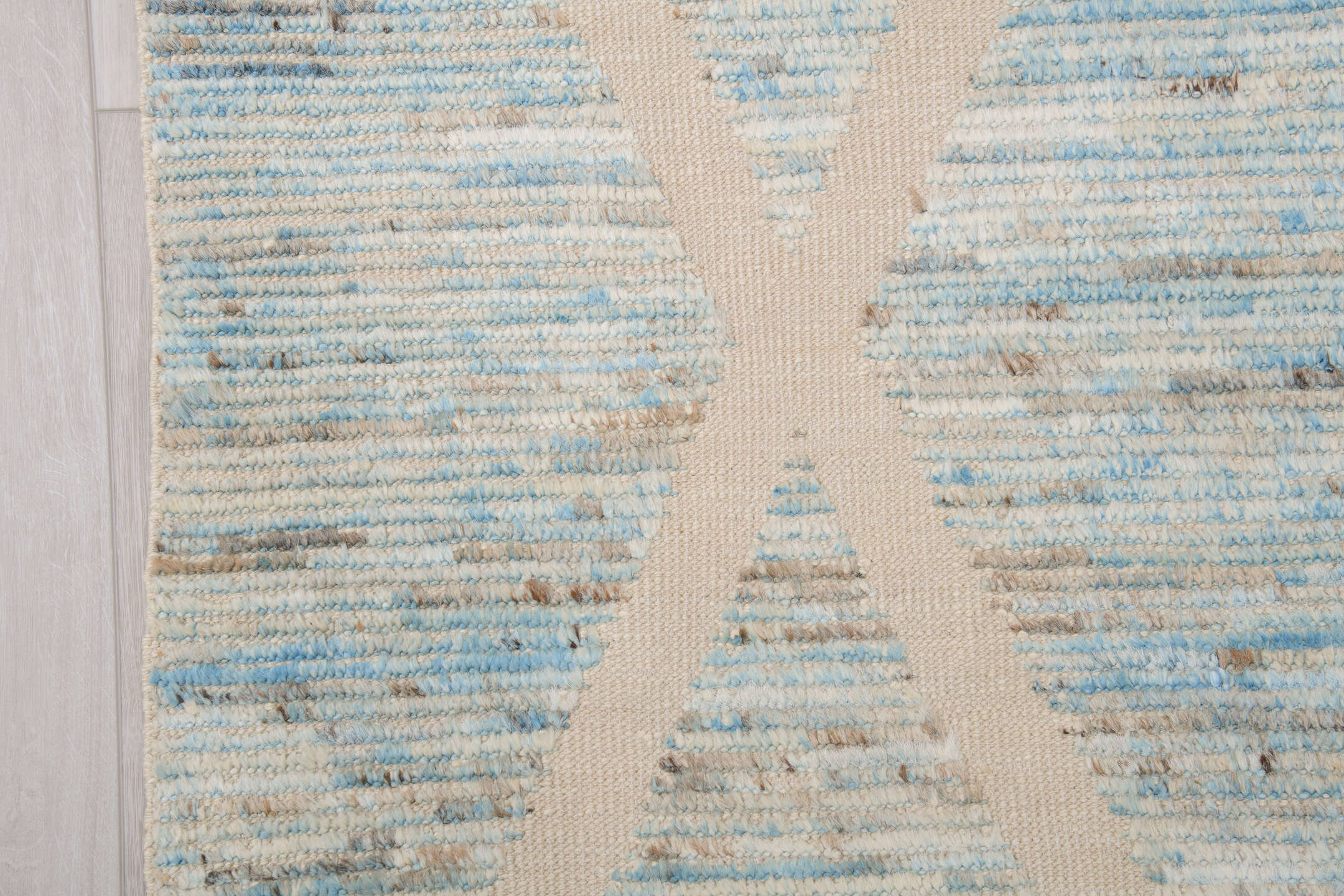 6' x 10' one-of-a-kind handmade vintage Tulu large size rug. Color palette: ivory, pale blue, taupe, gray, cream, light blue
