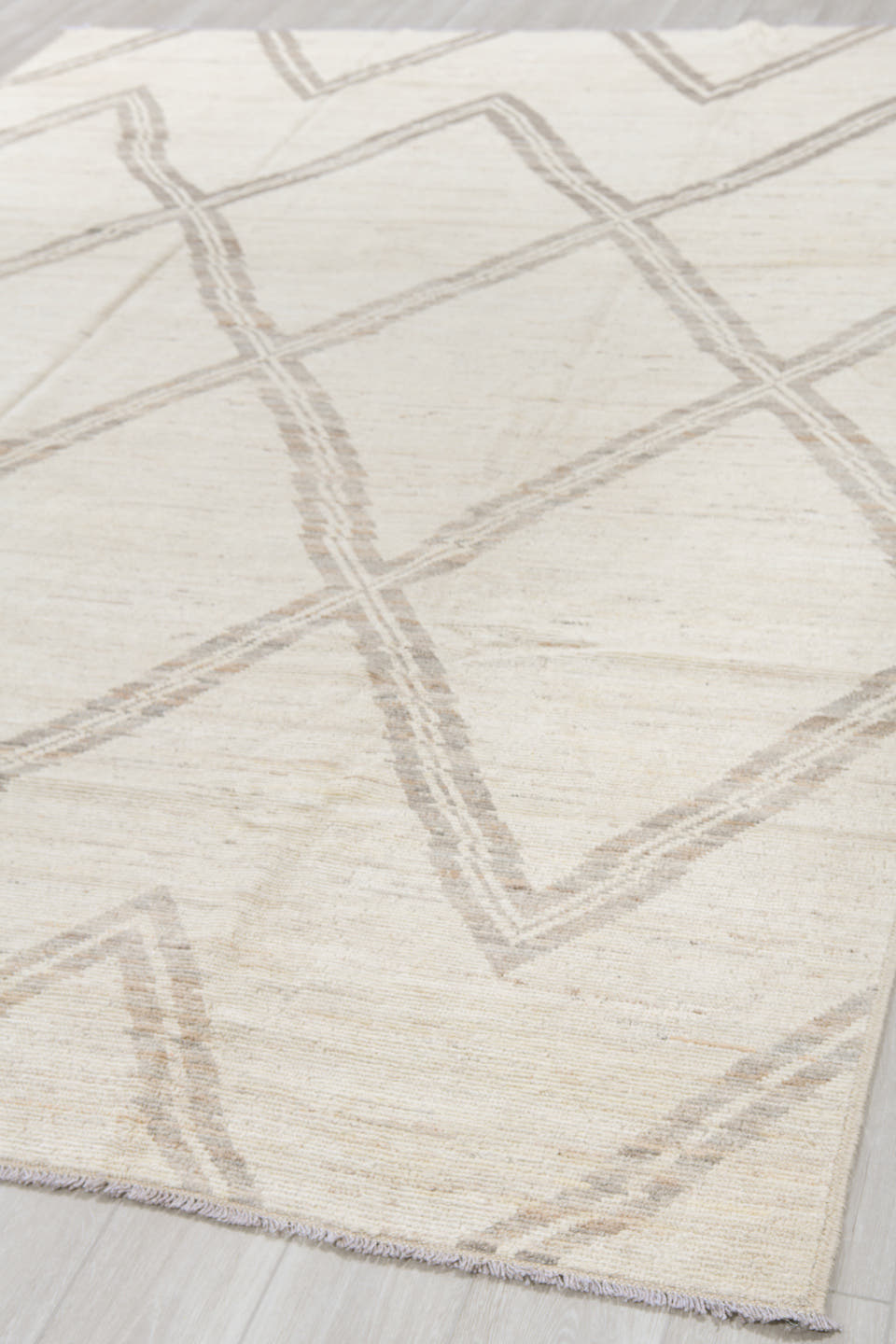 8' x 12' one-of-a-kind handmade vintage Tulu large size rug. Color palette: ivory, taupe, beige, cream, gray