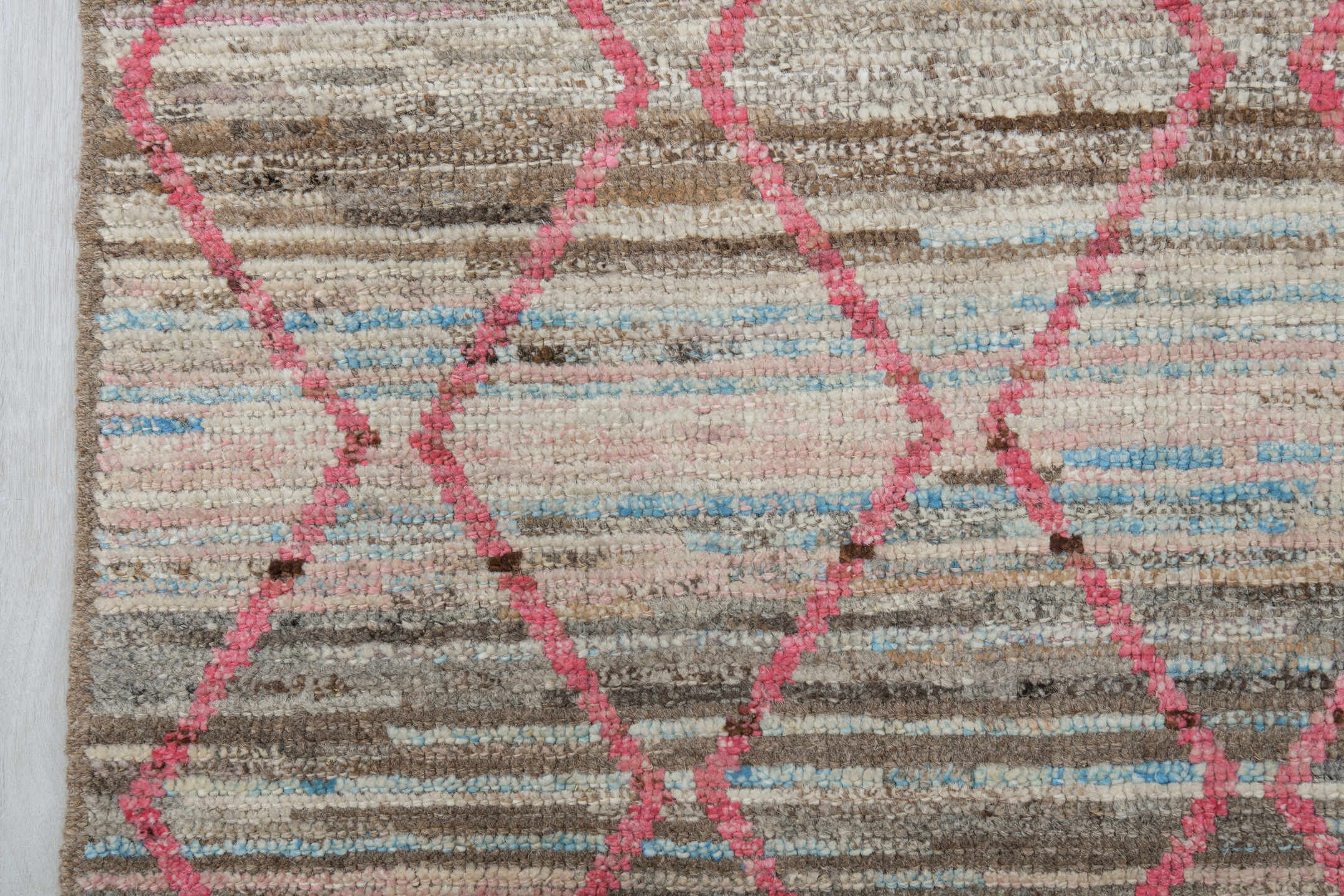 8' x 10' one-of-a-kind handmade vintage Tulu large size rug. Color palette: ivory, taupe, brown, pink, sky_blue, charcoal