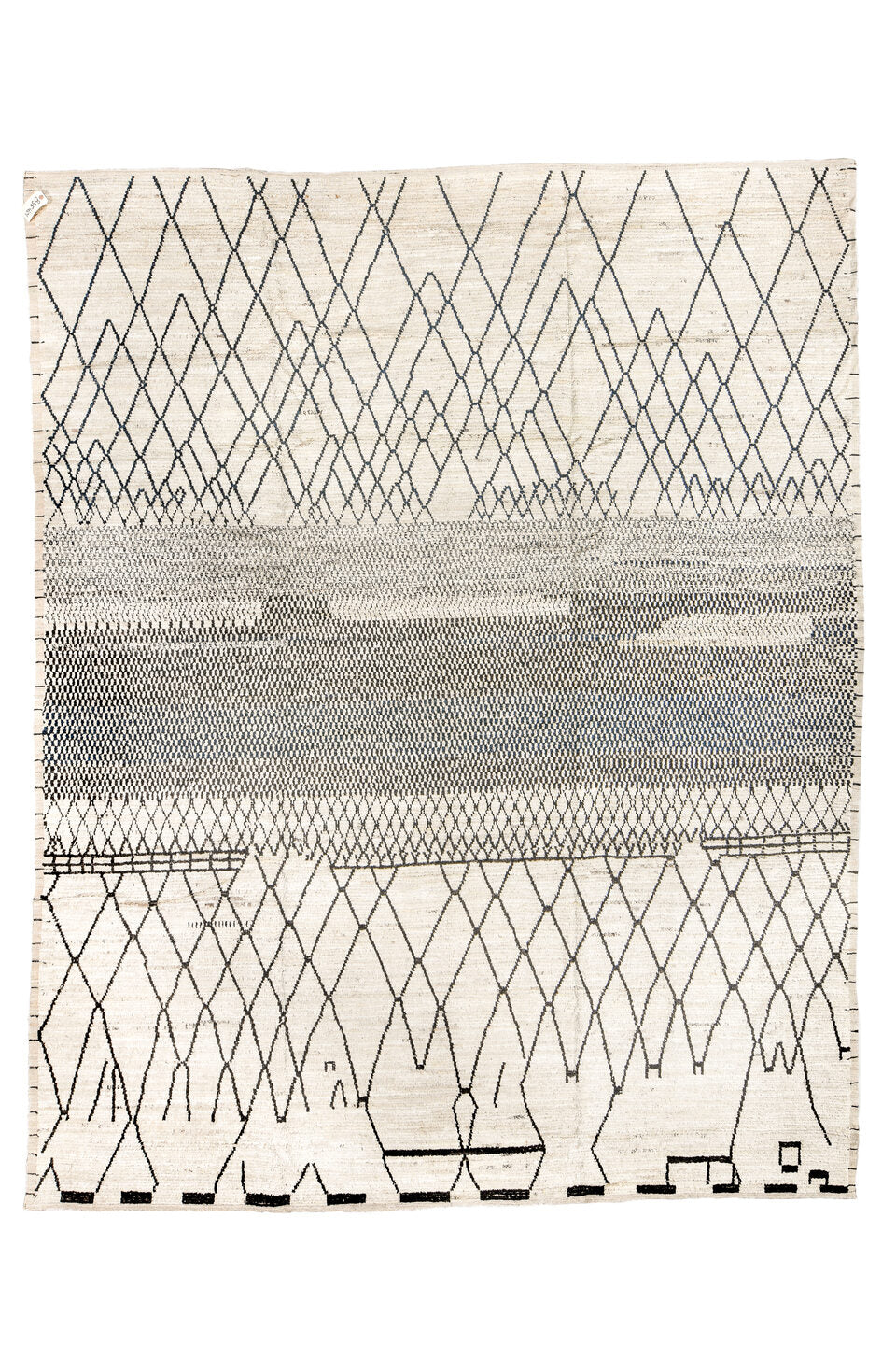 9' x 12' one-of-a-kind handmade vintage Tulu large size rug. Color palette: black, blue, charcoal, dark gray, dim gray