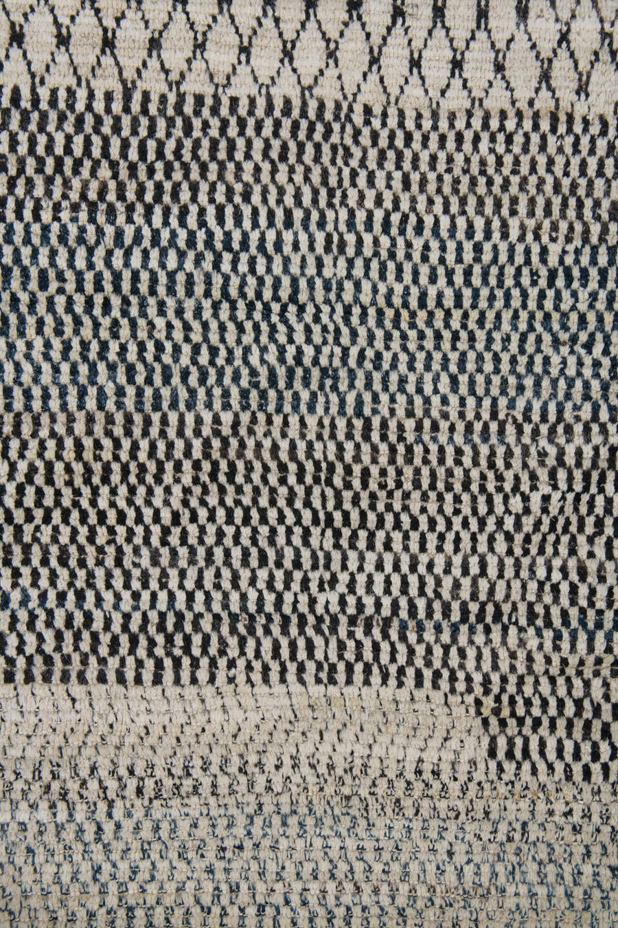 9' x 12' one-of-a-kind handmade vintage Tulu large size rug. Color palette: ivory, charcoal, taupe, cream, slate, gray