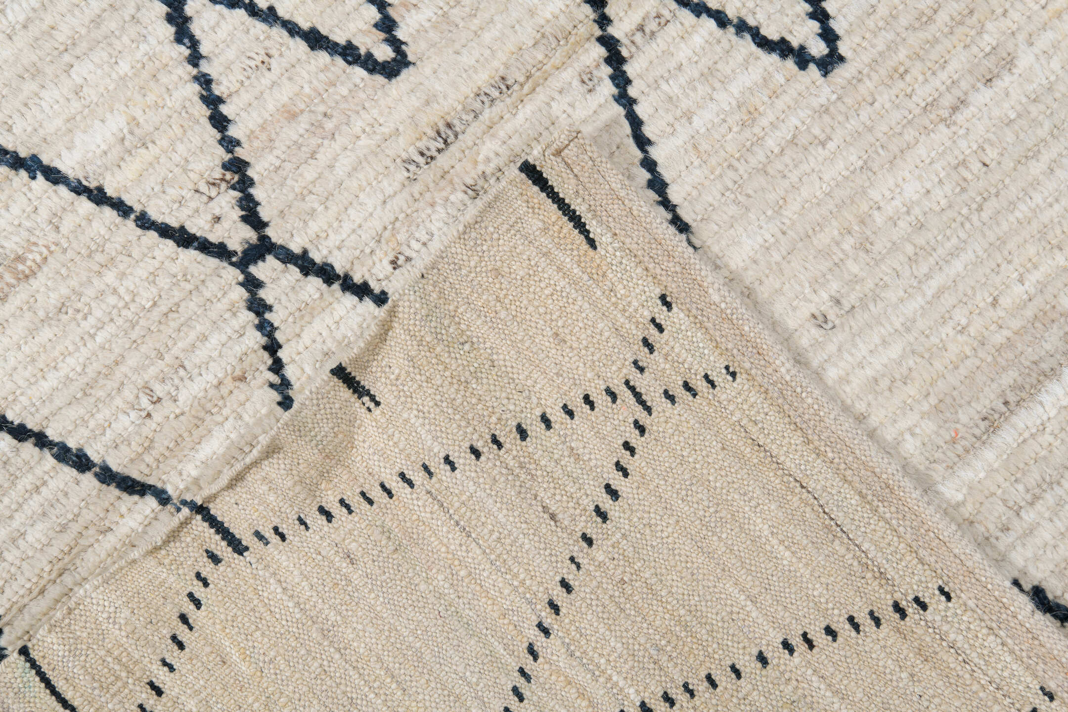 9' x 12' one-of-a-kind handmade vintage Tulu large size rug. Color palette: ivory, charcoal, taupe, cream, slate, gray