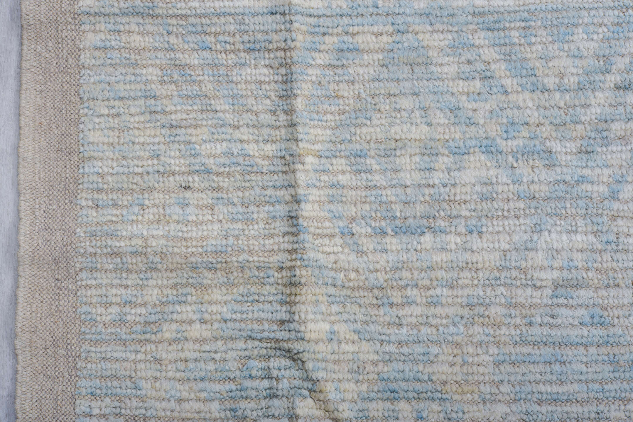 10' x 10' one-of-a-kind handmade vintage Tulu large size rug. Color palette: ivory, pale blue, cream, light gray, light blue
