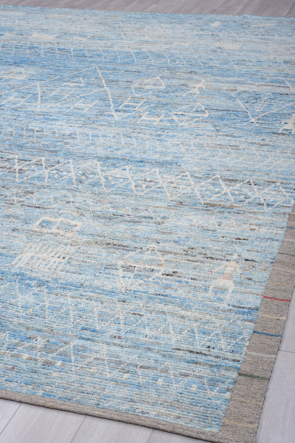 10' x 14' one-of-a-kind handmade vintage Tulu large size rug. Color palette: sky blue, ivory, gray, slate, light blue