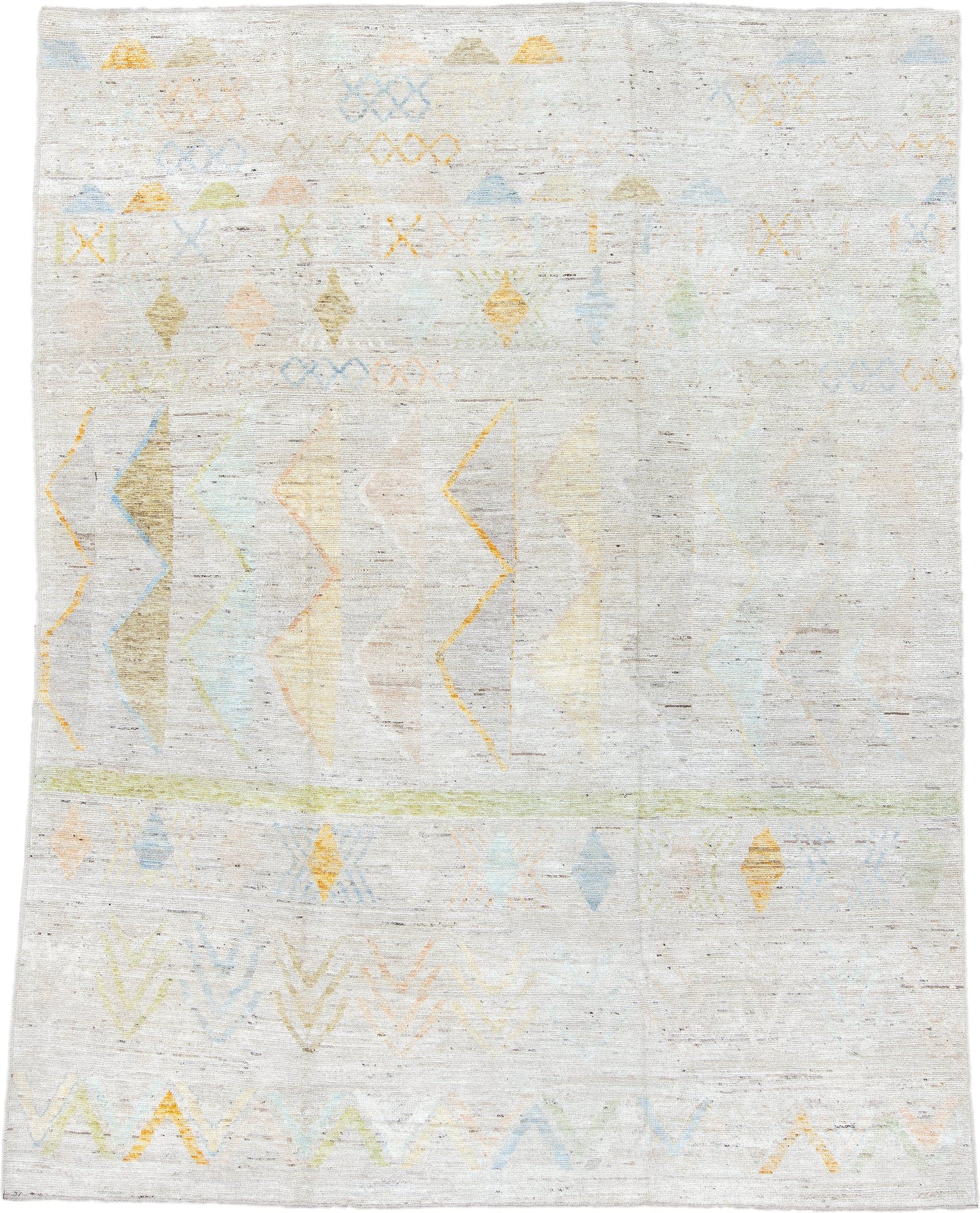 9' x 11' one-of-a-kind handmade vintage Tulu large size rug. Color palette: ivory, pale blue, soft gold, sage, peach, taupe