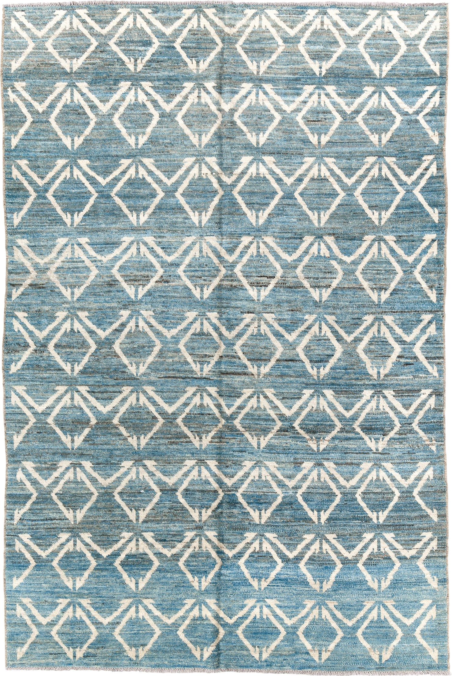6' x 9' one-of-a-kind handmade vintage Tulu medium size rug. Color palette: sky blue, ivory, slate, cream, light blue, gray