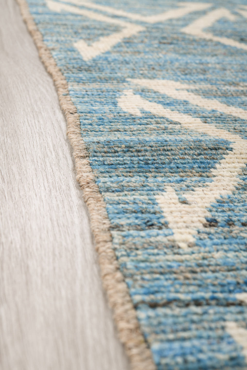 6' x 9' one-of-a-kind handmade vintage Tulu medium size rug. Color palette: sky blue, ivory, slate, cream, light blue, gray