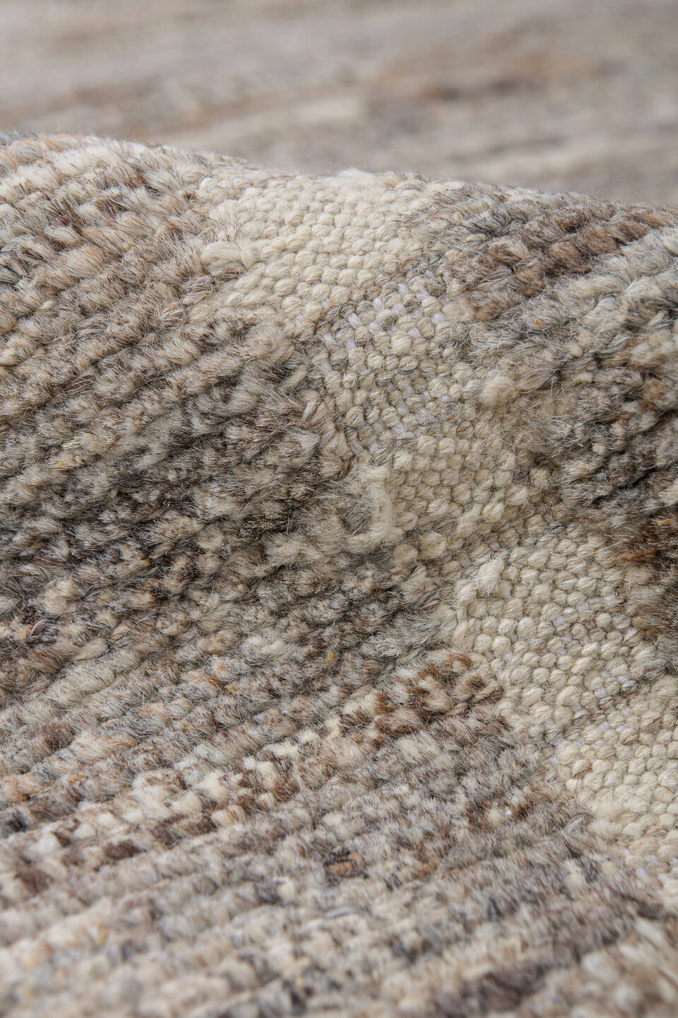 10' x 13' one-of-a-kind handmade vintage Tulu large size rug. Color palette: taupe, ivory, beige, cream, greige, camel, gray