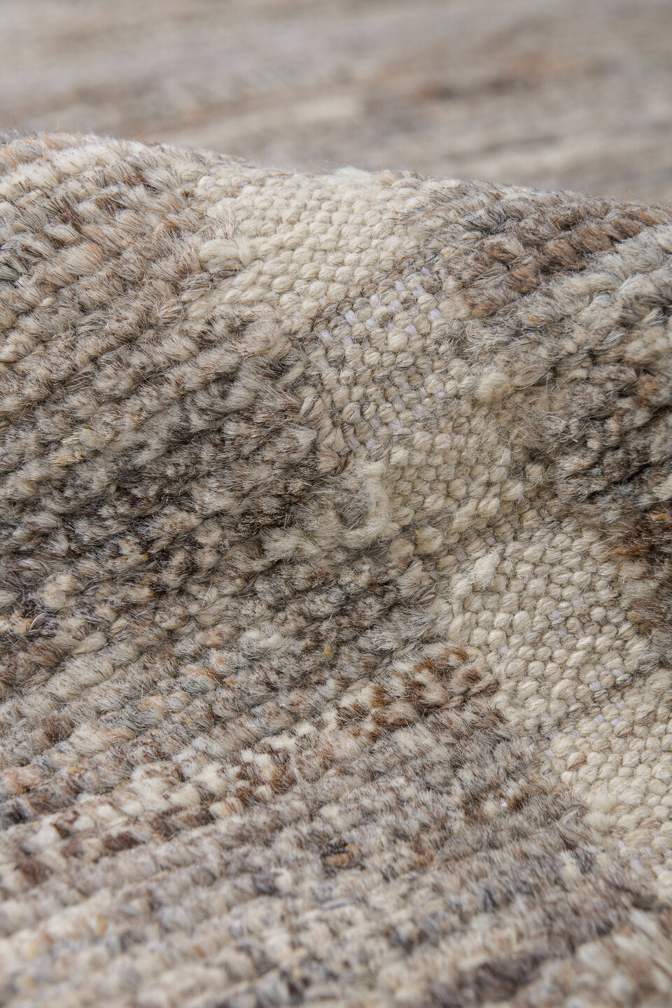 10' x 13' one-of-a-kind handmade vintage Tulu large size rug. Color palette: taupe, ivory, beige, cream, greige, camel, gray