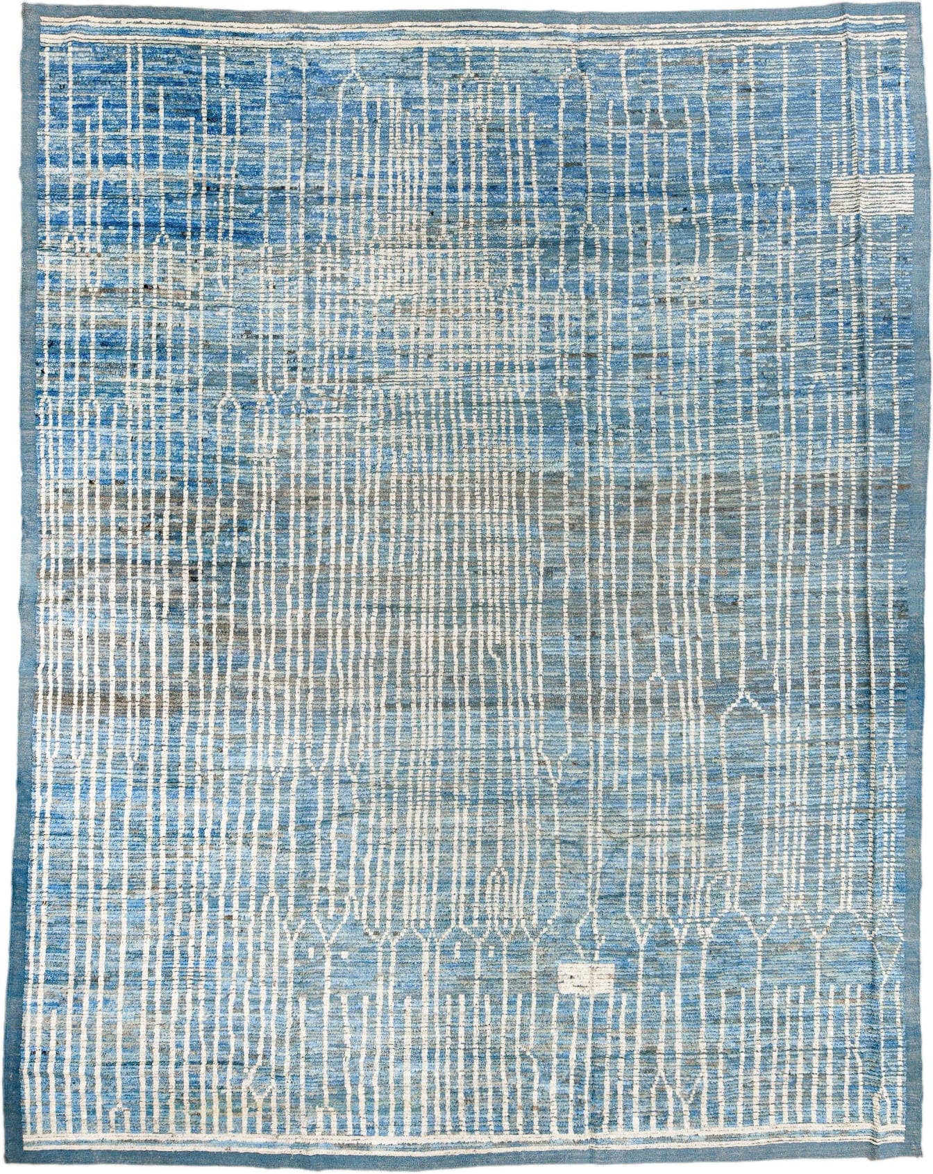 11' x 14' one-of-a-kind handmade vintage Tulu oversize rug. Color palette: blue, ivory, slate, sky blue, gray, light blue