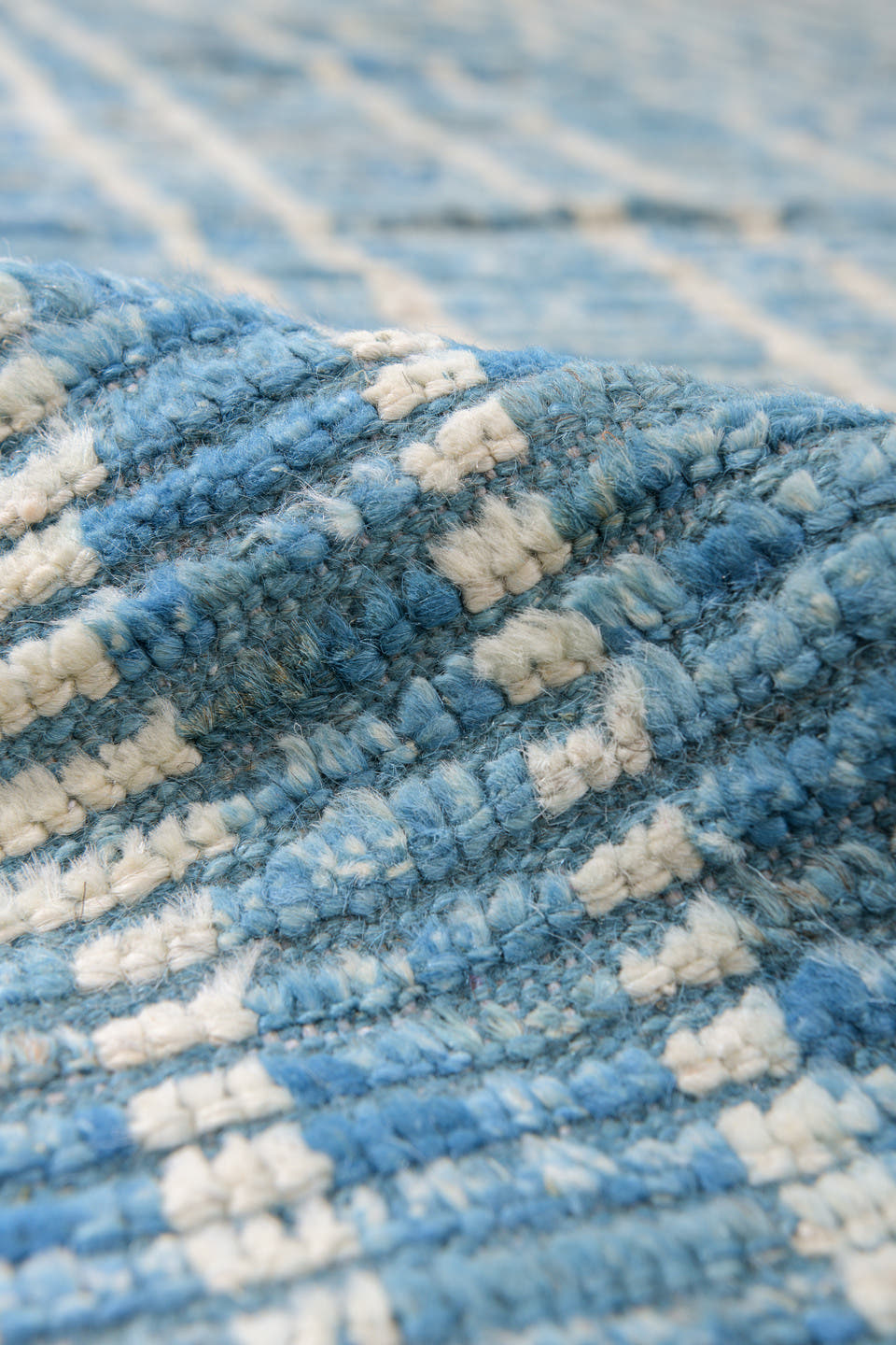 11' x 14' one-of-a-kind handmade vintage Tulu oversize rug. Color palette: blue, ivory, slate, sky blue, gray, light blue